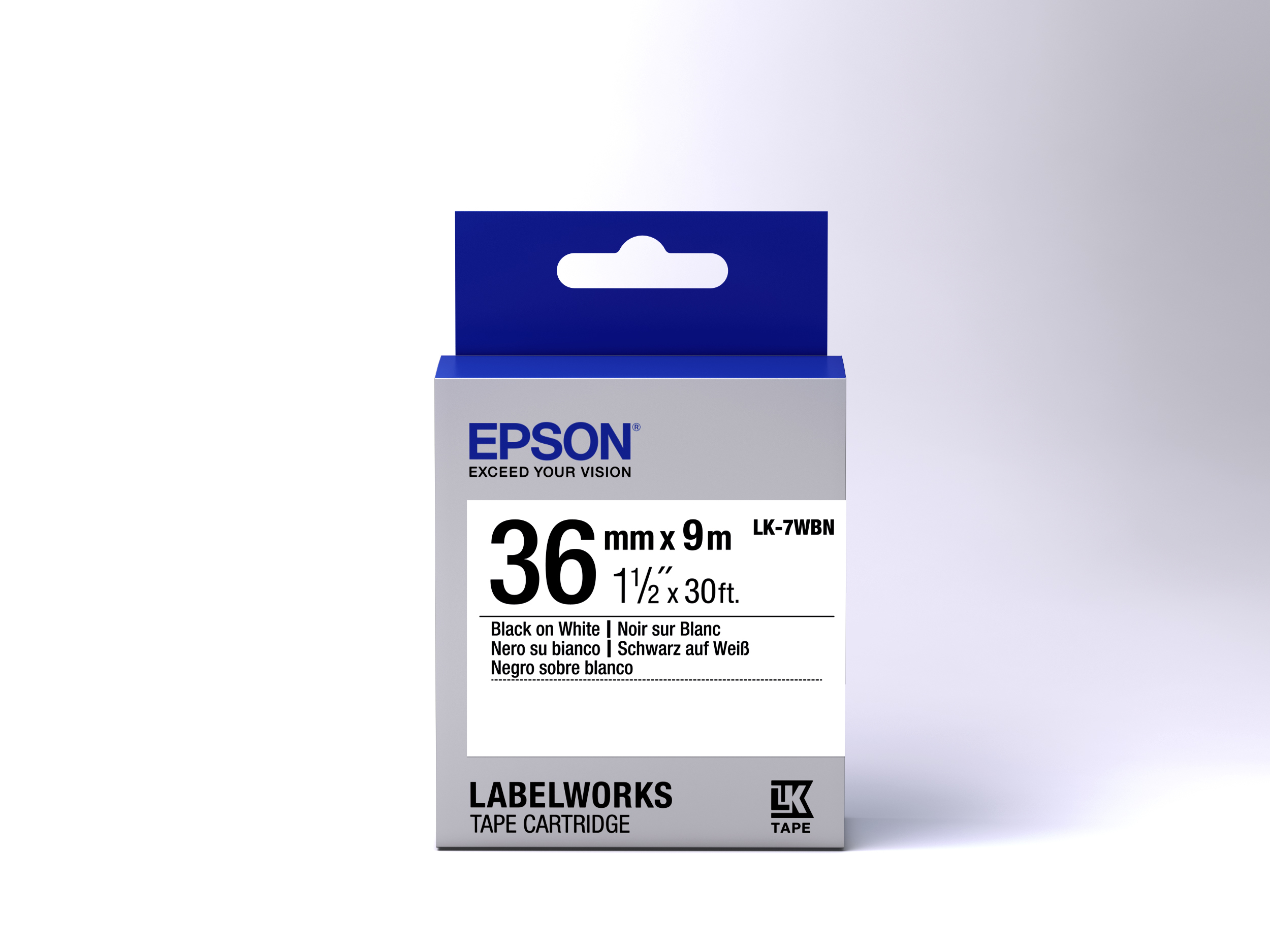Epson Etikettenbandkassette in Weiß und Blau. Text und Etikettendetails auf der Box.
