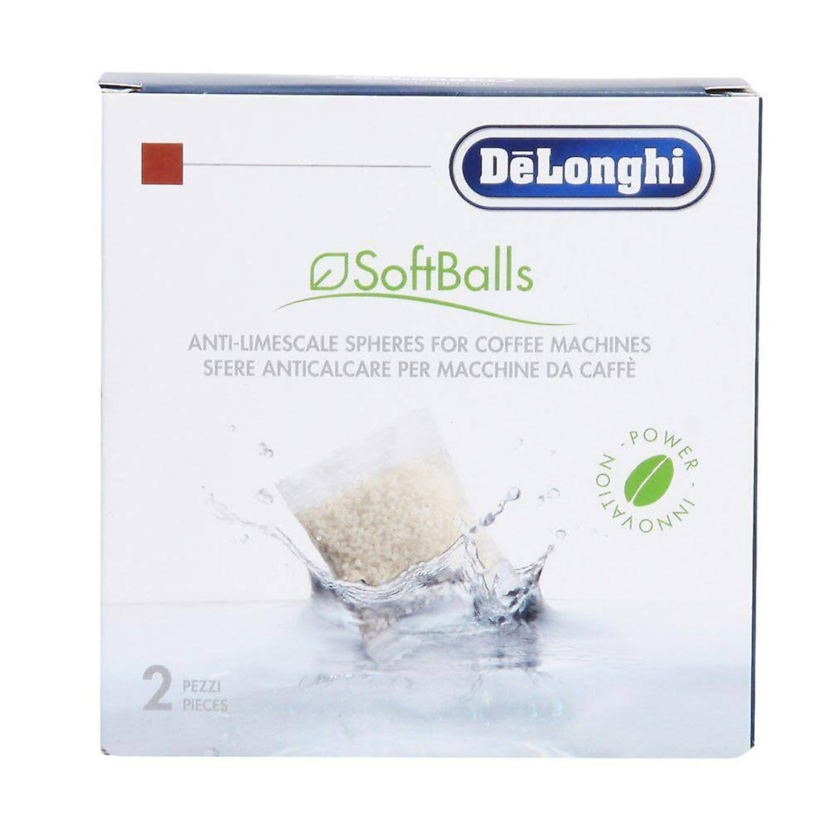 A DeLonghi box of anti-limescale spheres for coffee machines, with water splash graphic.