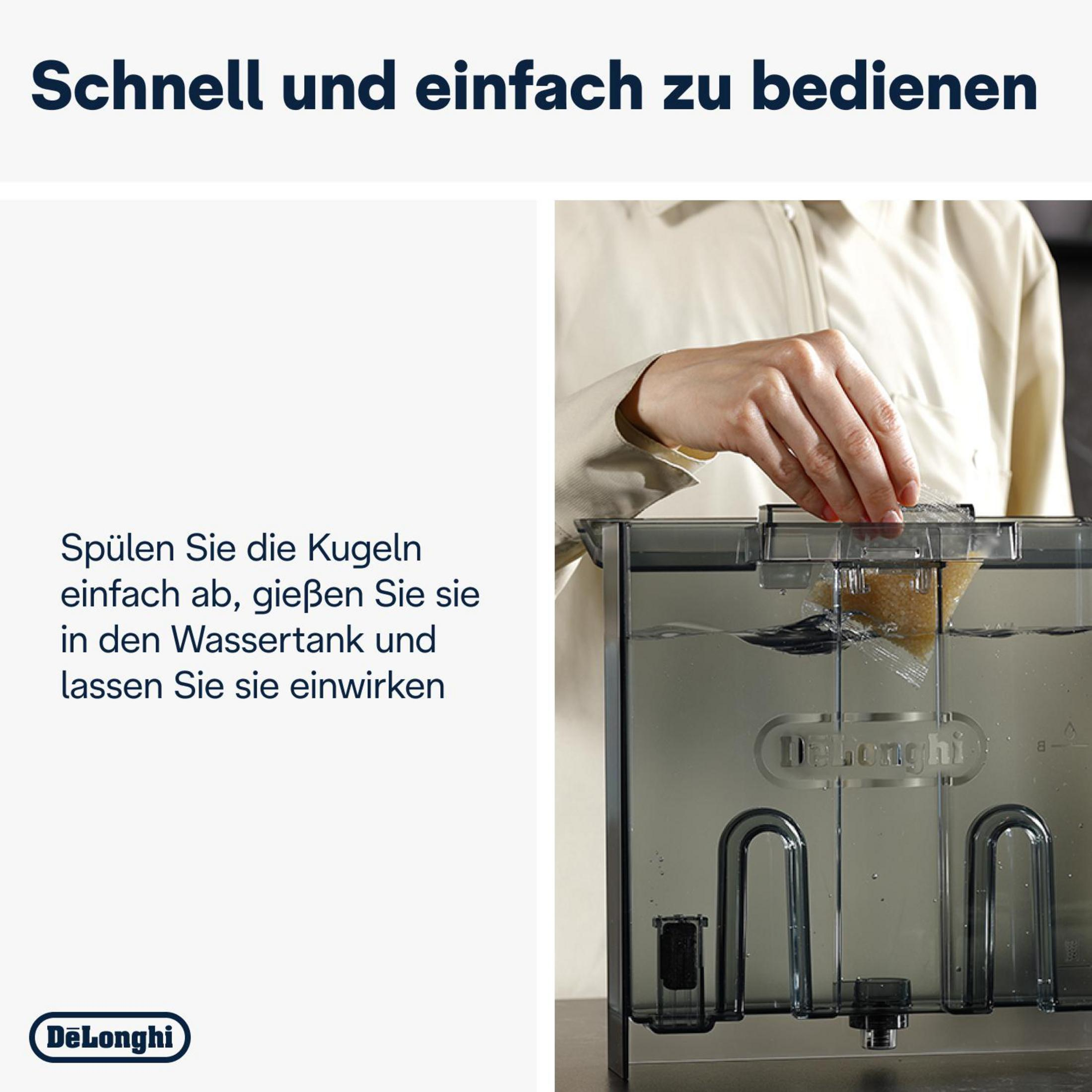 A person pouring a sachet of spheres into a water tank, part of a DeLonghi coffee machine.