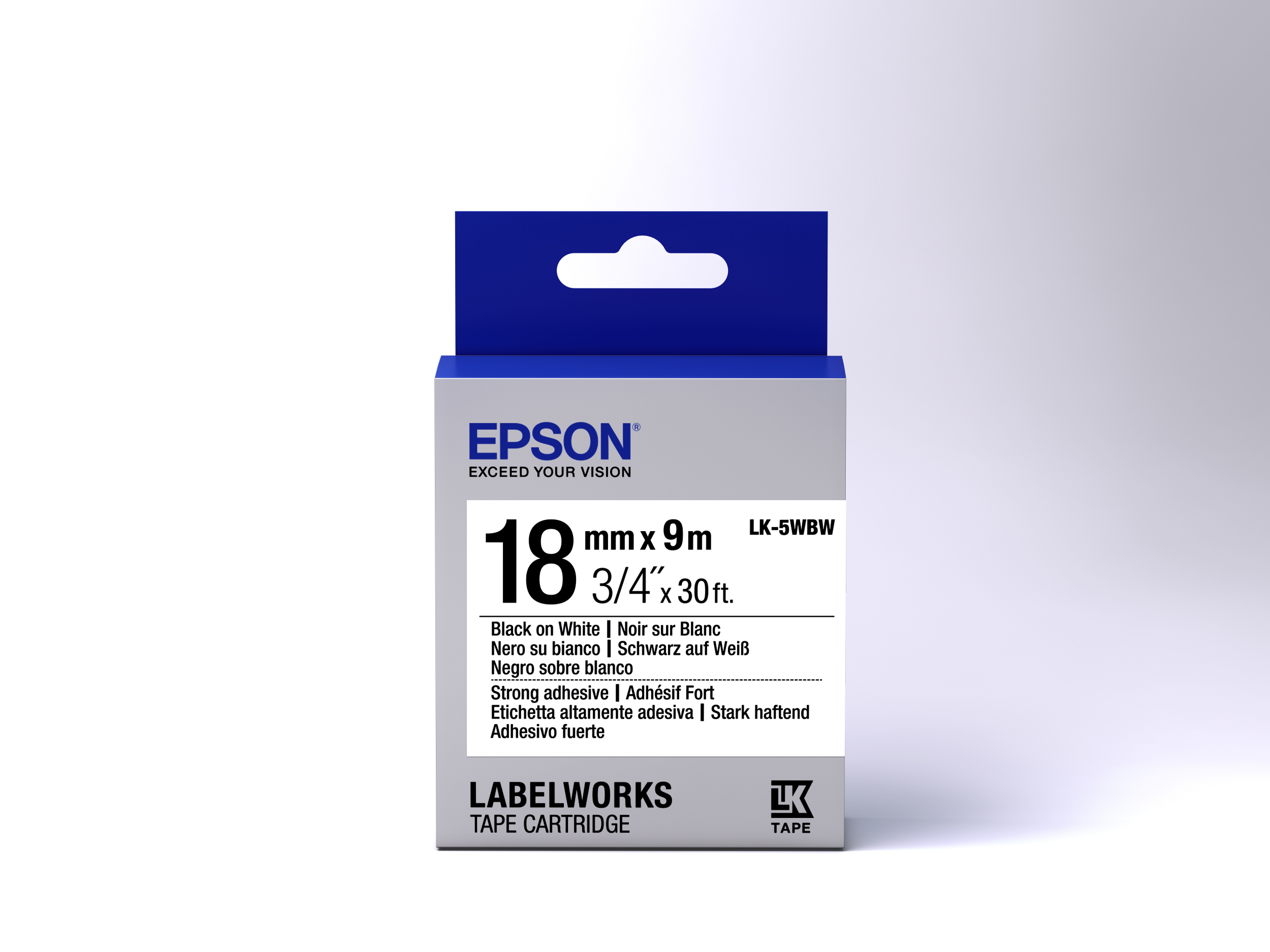 Epson Etikettentape-Kartusche. Die Box ist weiß und blau. Text in mehreren Sprachen.