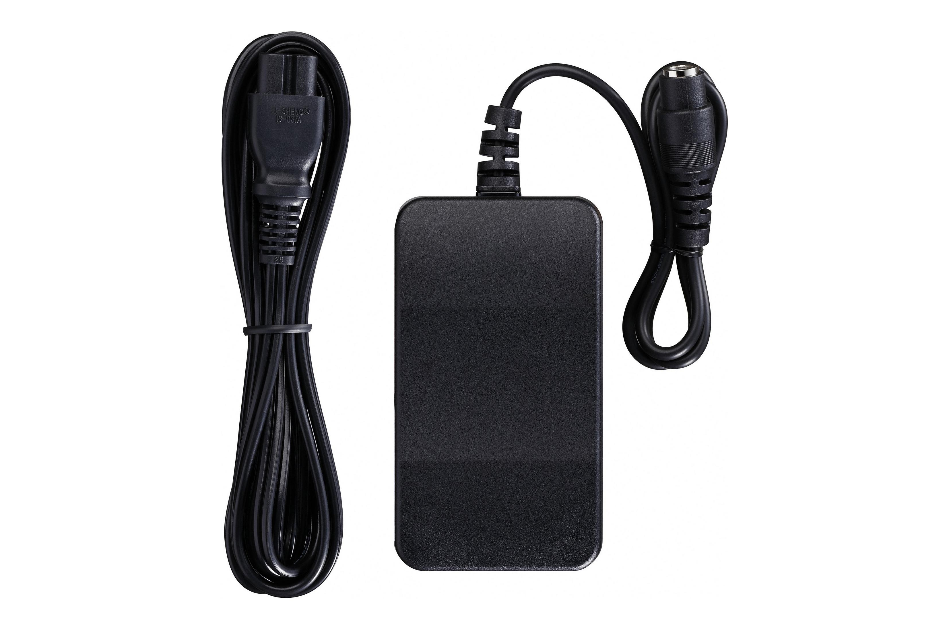 Black power adapter with two cables. One for the outlet and one to connect with device.