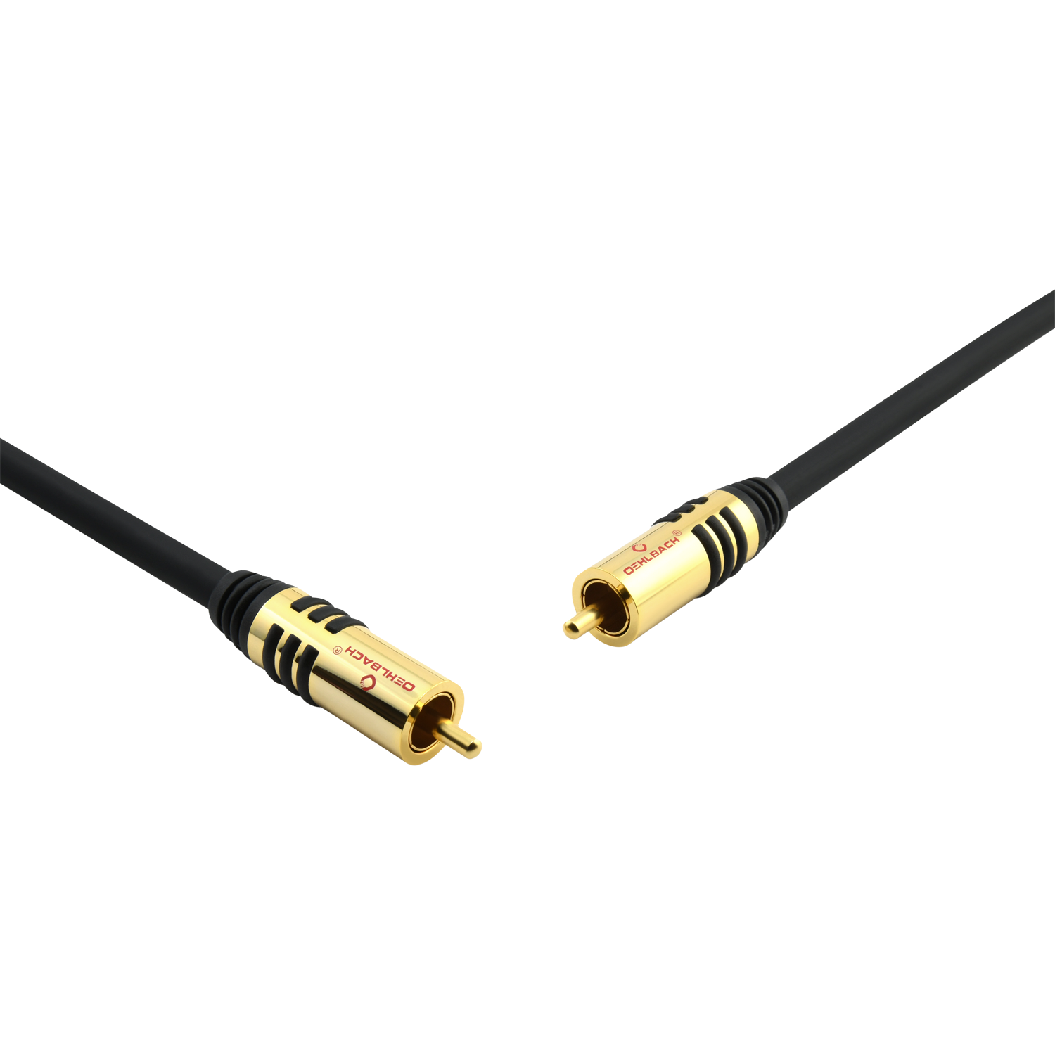 Schwarzes Audiokabel mit vergoldeten Steckern auf schwarzem Hintergrund. Die Stecker sind nah beieinander.