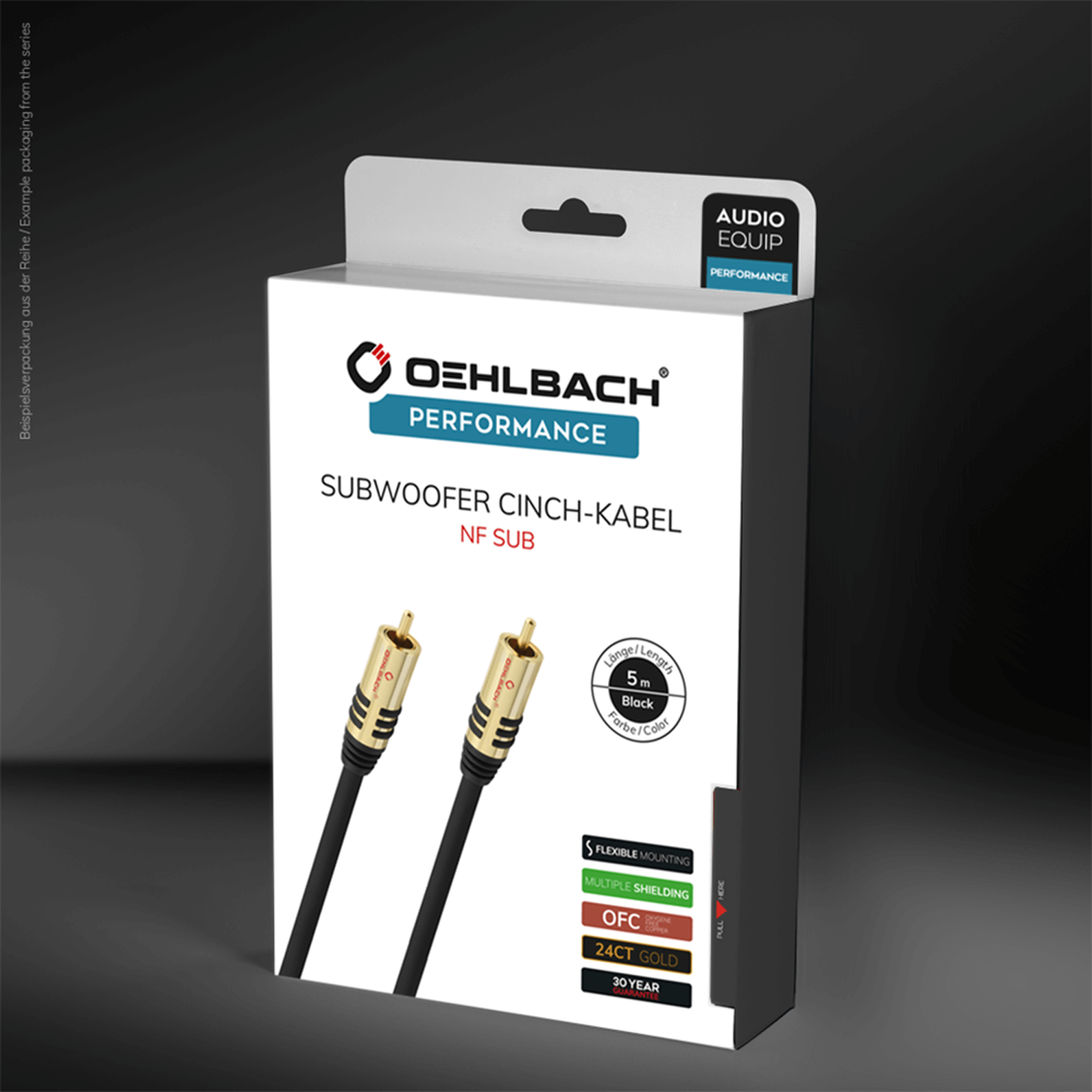 Box mit Oehlbach Performance Subwoofer-Kabel, schwarzem Kabel und goldenen Steckern. Weiße und schwarze Box.