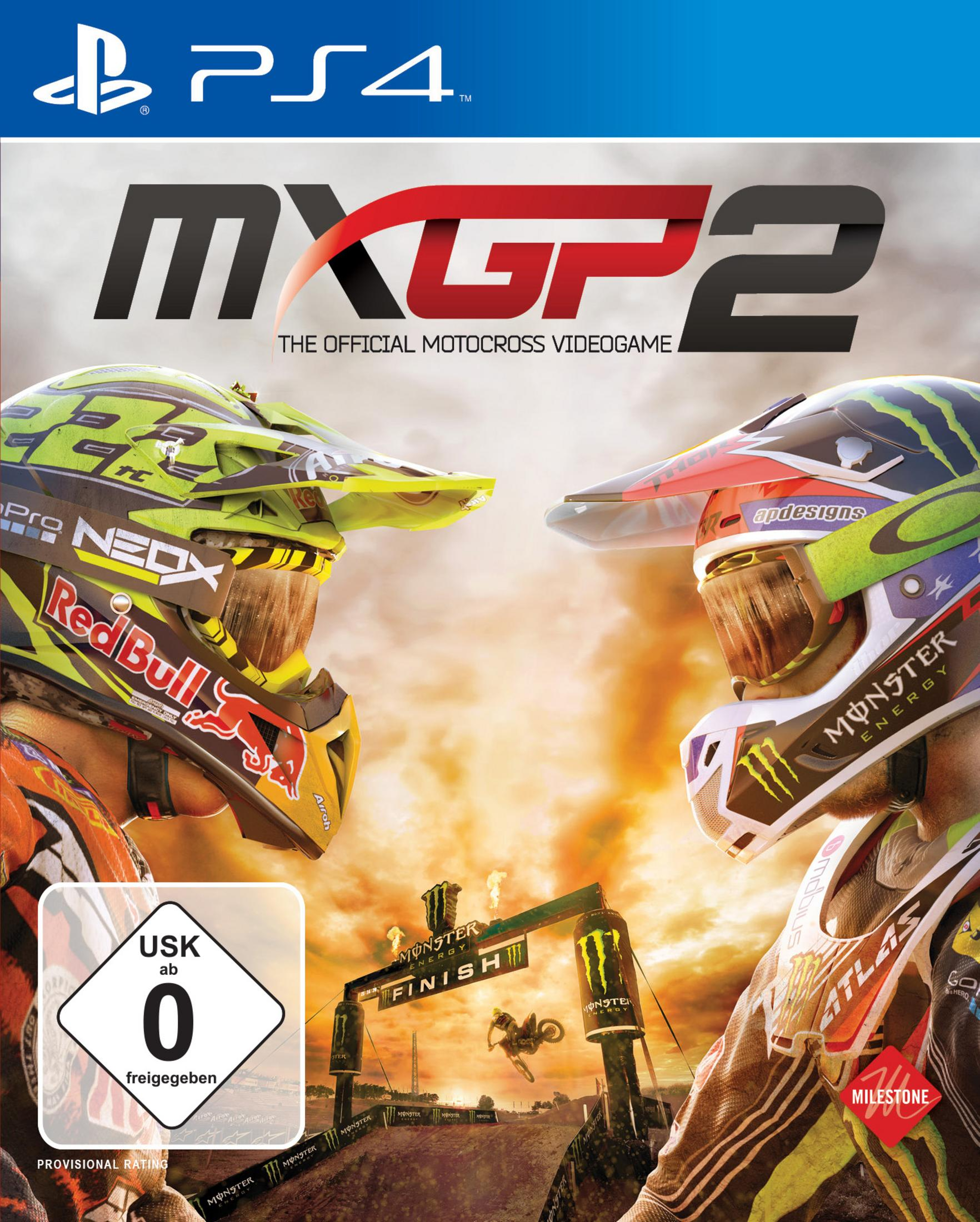 Das Cover eines PS4-Videospiels, MXGP 2. Es zeigt zwei Motocross-Fahrer, die sich gegenüberstehen.