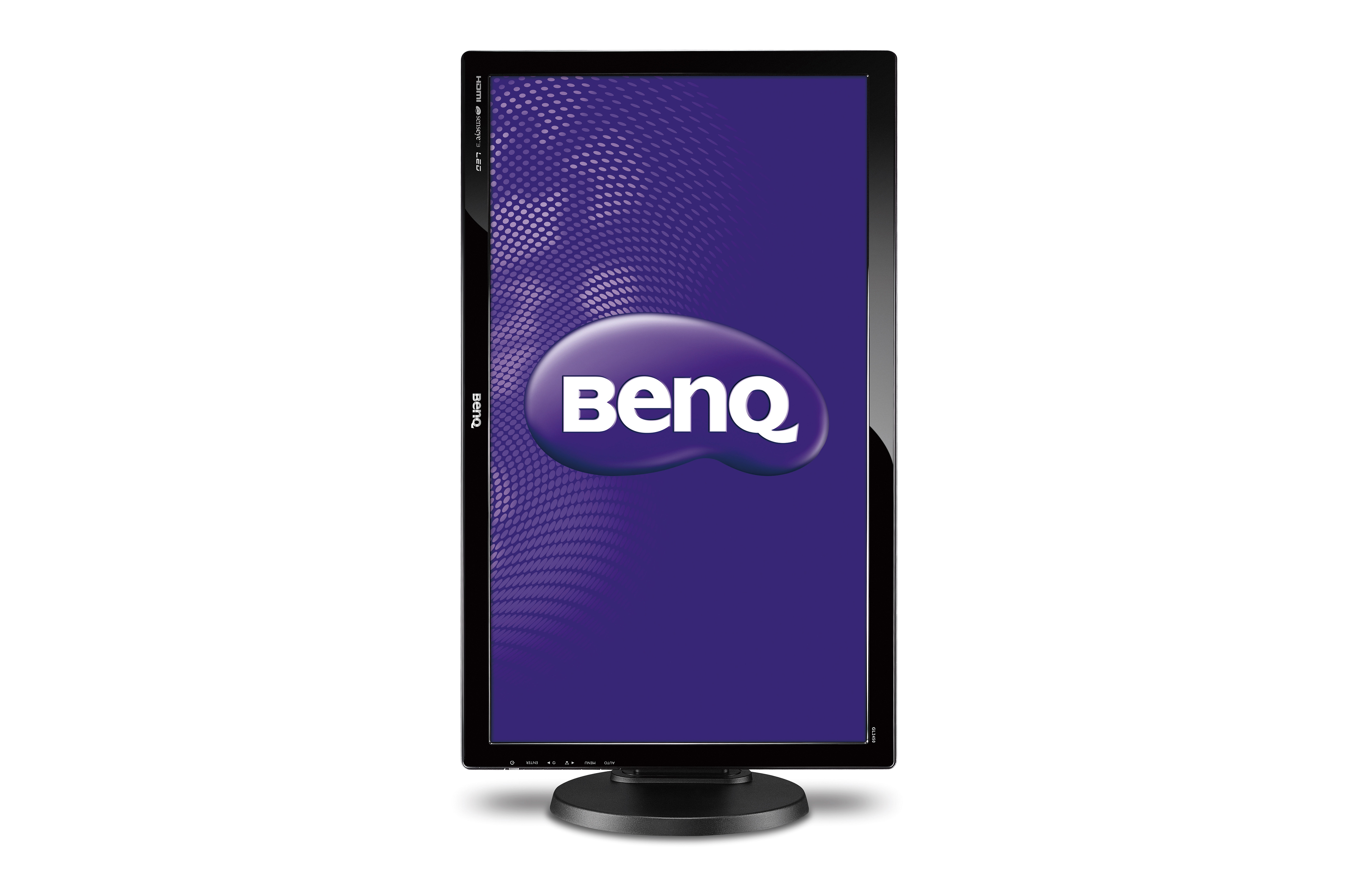 BenQ-Monitor auf weißem Hintergrund. Der Bildschirm zeigt das BenQ-Logo vor einem lilafarbenen, gemusterten Hintergrund.