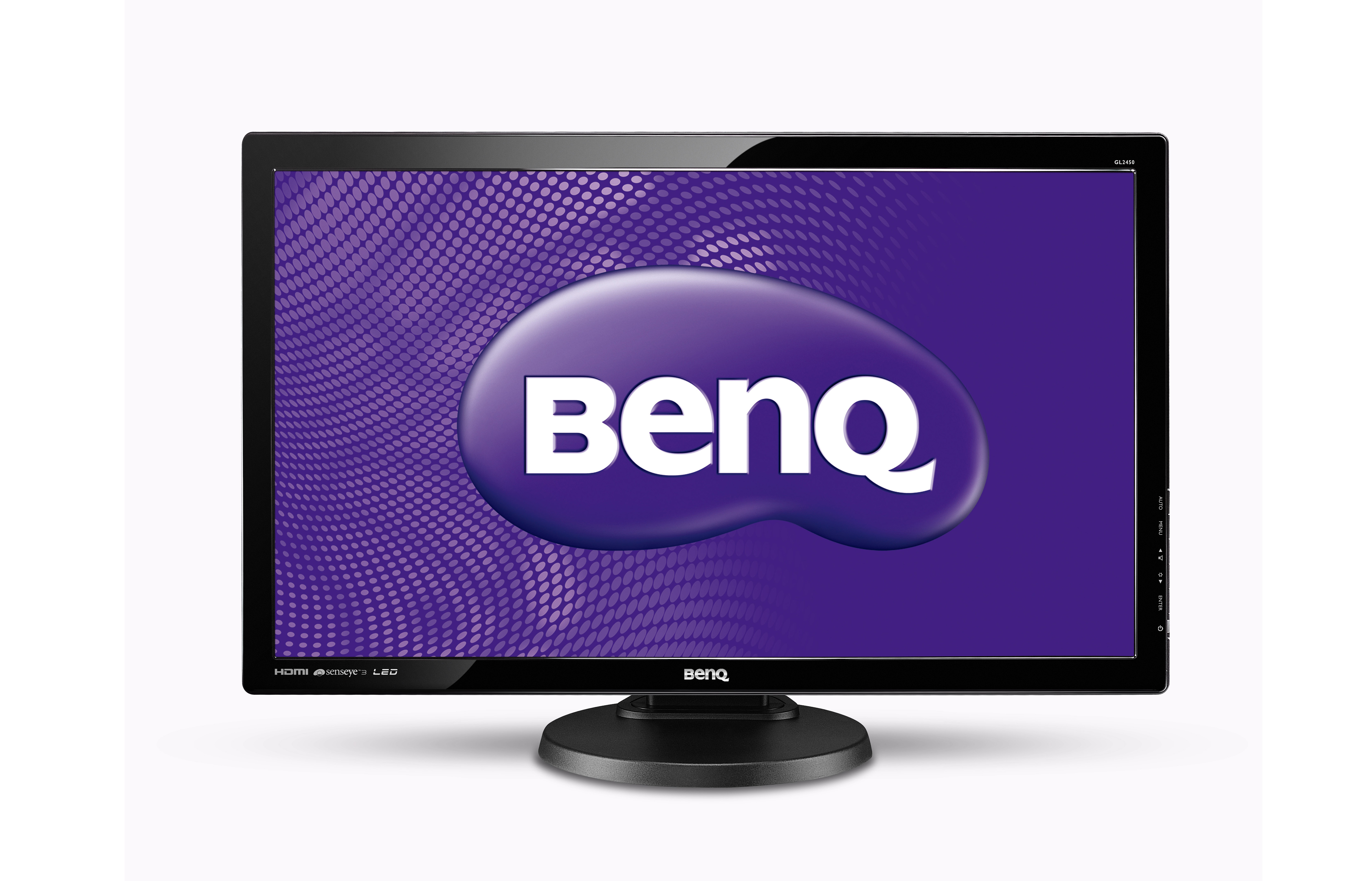 BenQ-Monitor auf weißem Hintergrund. BenQ-Logo auf lila Hintergrund mit Muster. Monitor ist angewinkelt.