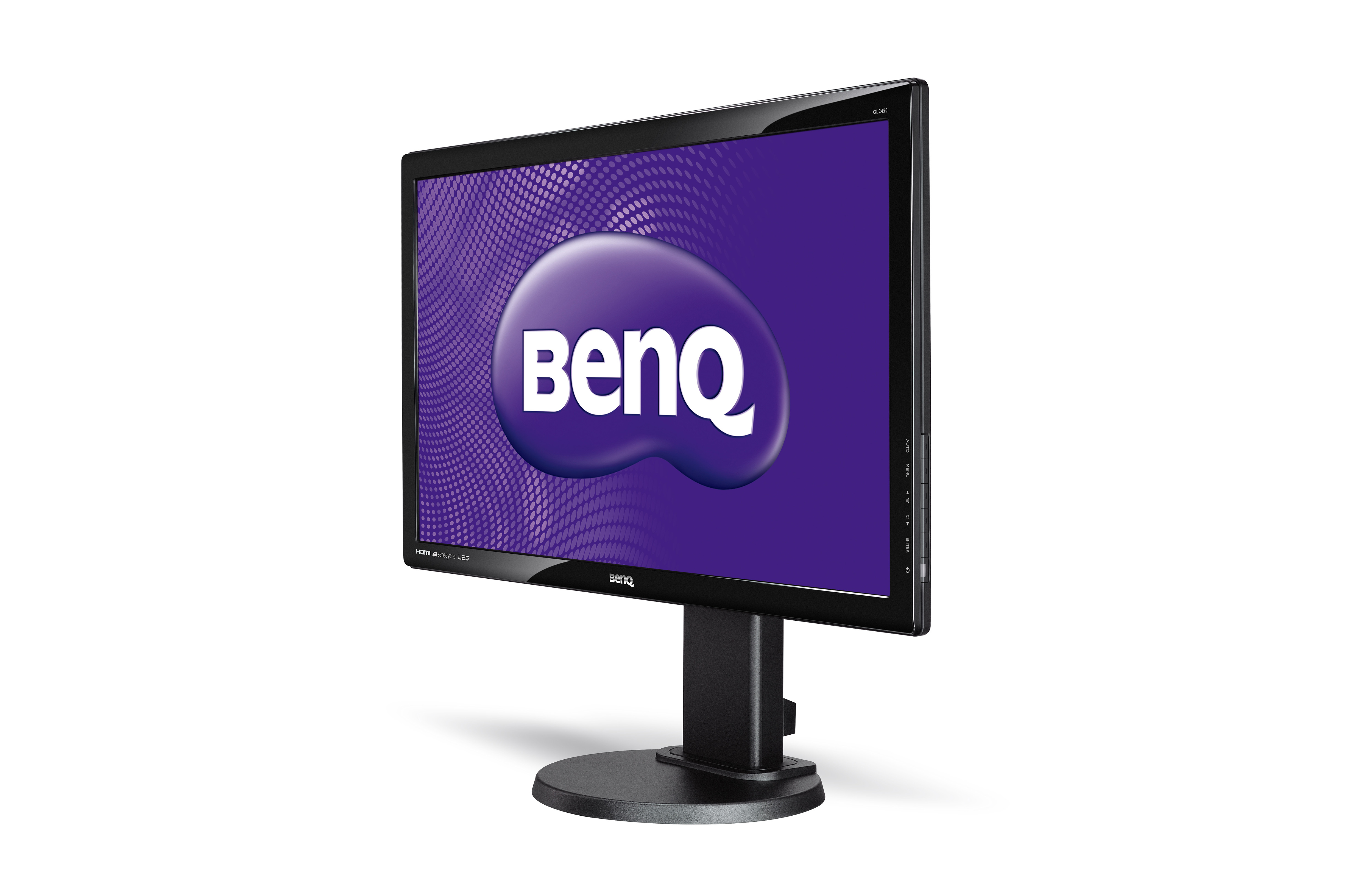 BenQ-Monitor auf weißem Hintergrund, angewinkelte Ansicht. Der Bildschirm zeigt das BenQ-Logo vor einem lilafarbenen, gemusterten Hintergrund.