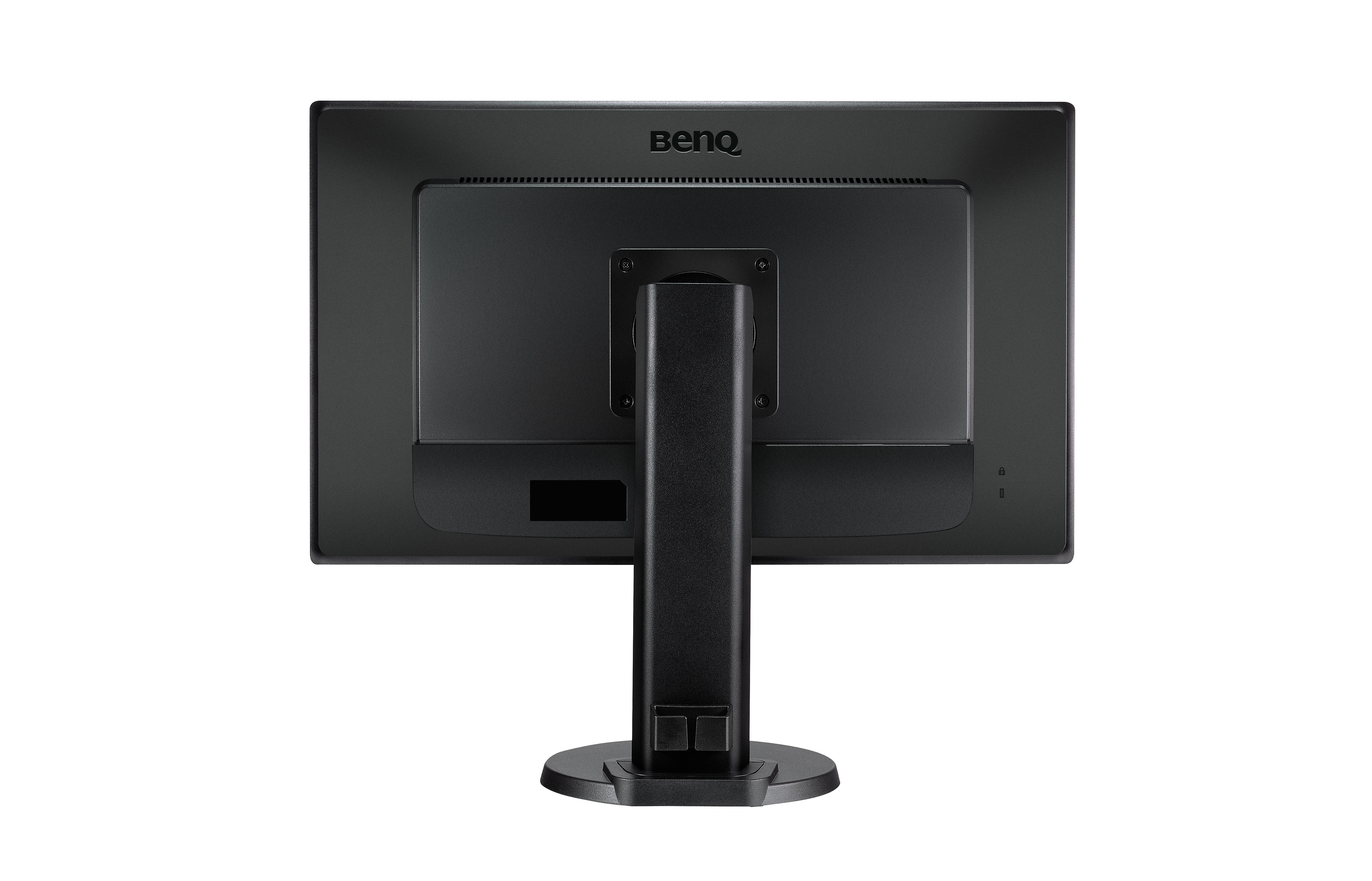 Rückansicht eines BenQ-Monitors auf weißem Hintergrund. Die Rückseite hat Anschlüsse und eine Ständerbefestigung.