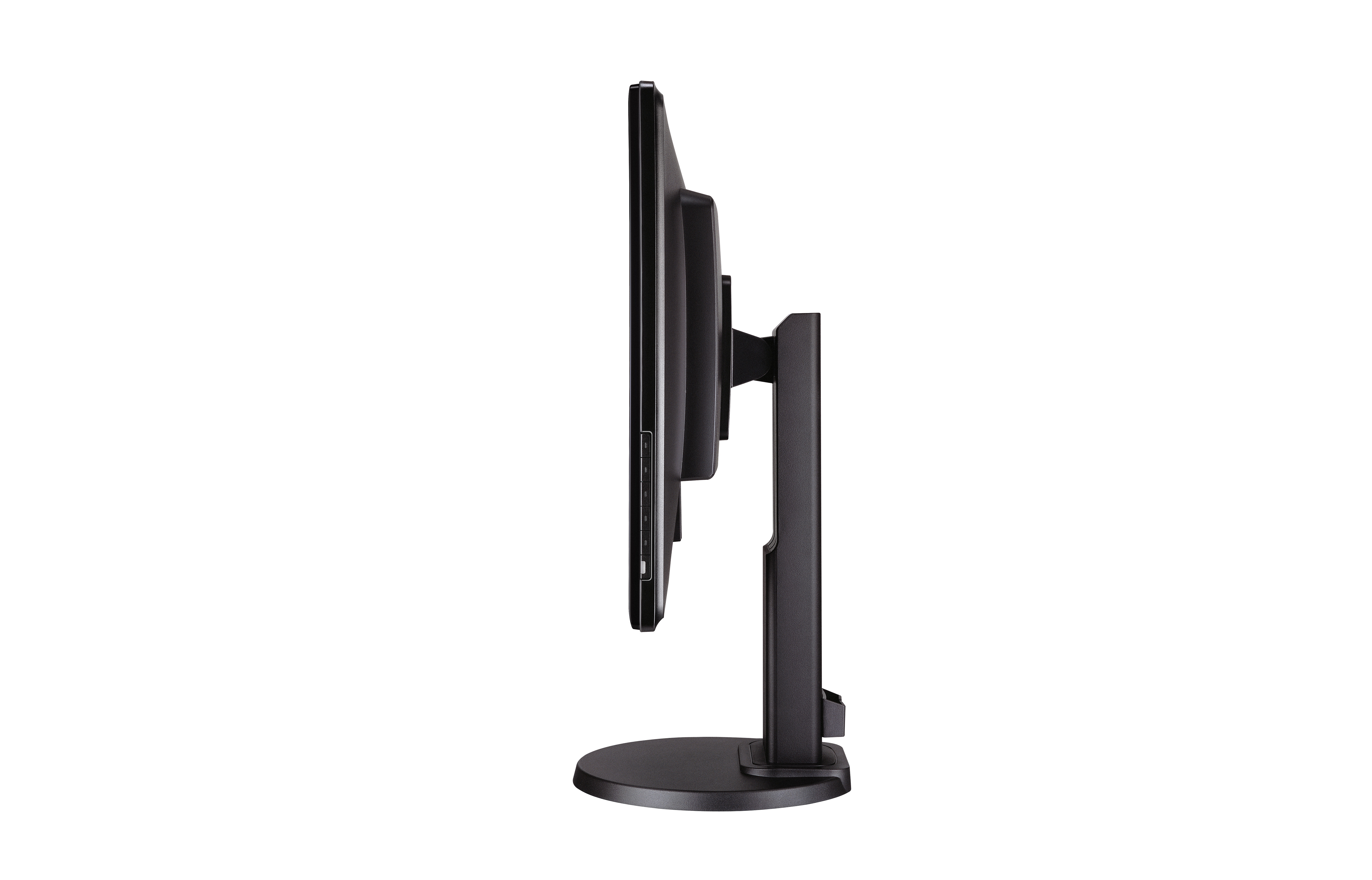Seitenansicht eines BenQ-Monitors auf weißem Hintergrund. Der Ständer und der Monitor sind schwarz.