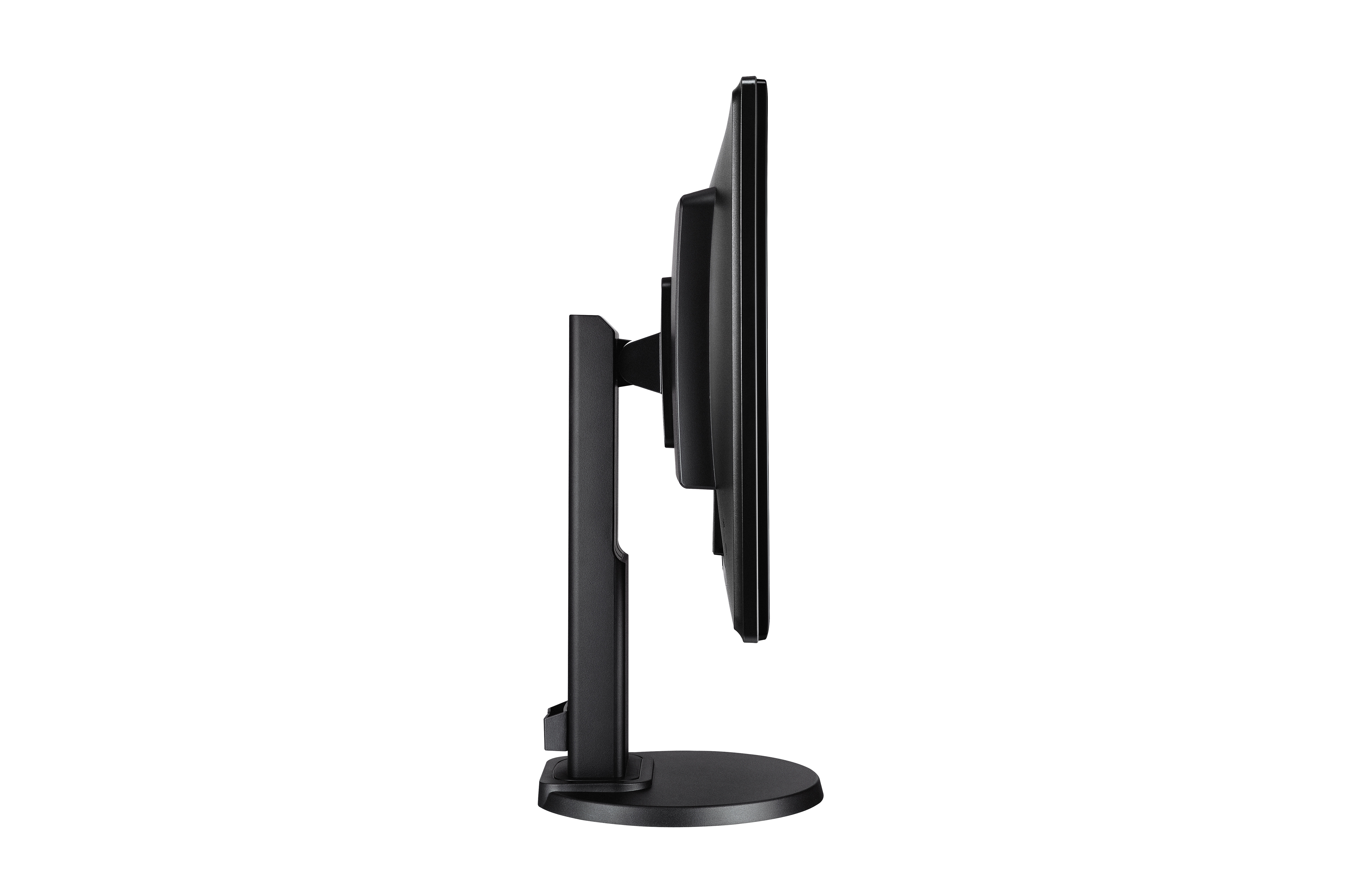 Seitenansicht eines BenQ-Monitors auf weißem Hintergrund. Der Ständer und der Monitor sind schwarz.