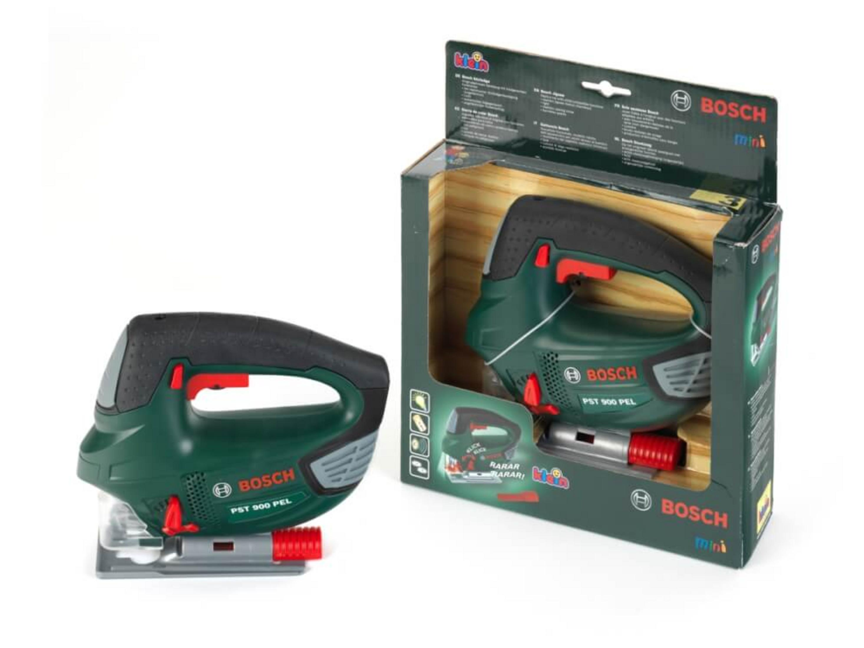 Bosch Stichsäge in der Box, grün und schwarz, mit rotem Klingenhalter.
