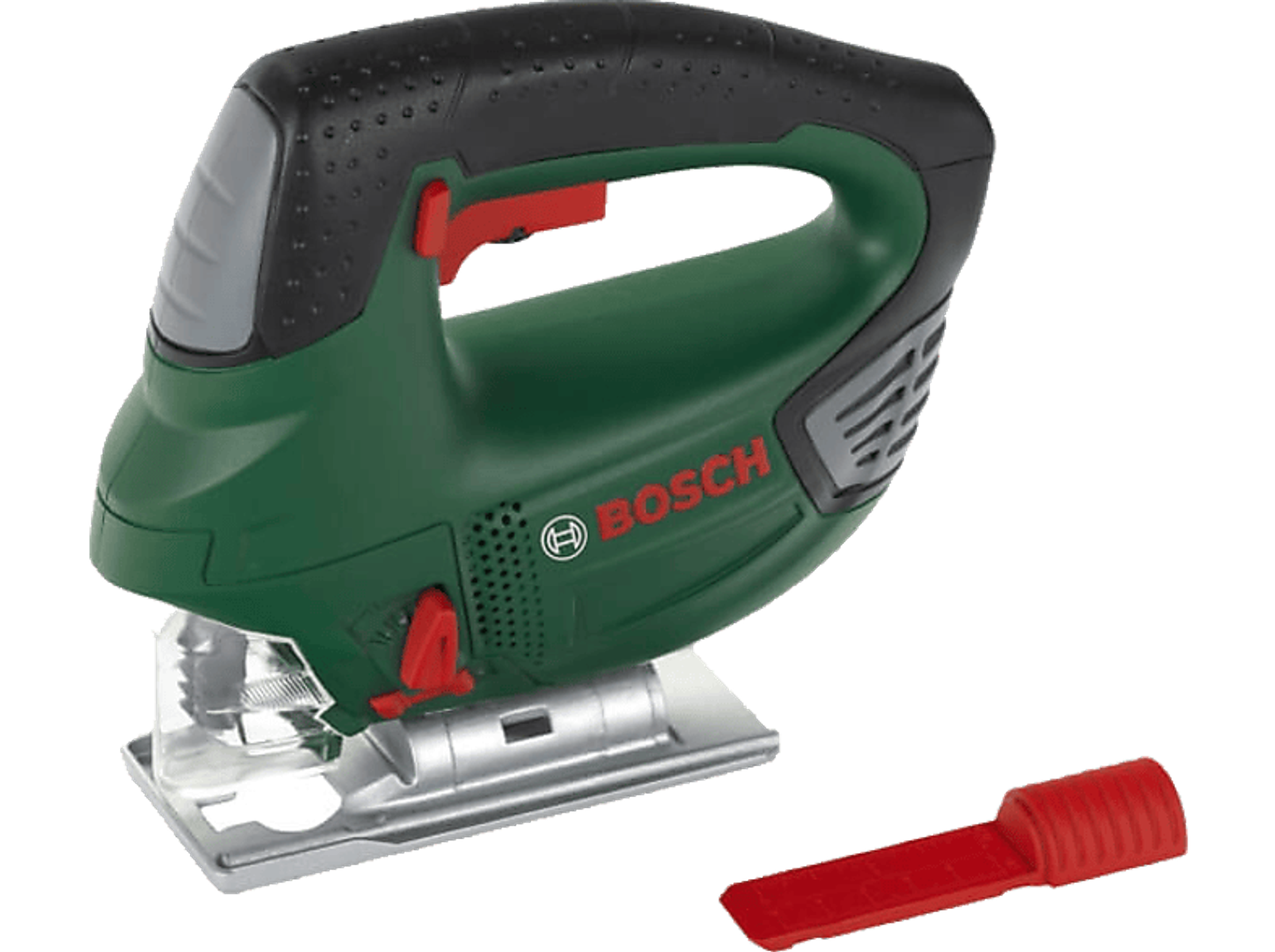 Grüne und schwarze Bosch Stichsäge mit rotem Klingenhalter.