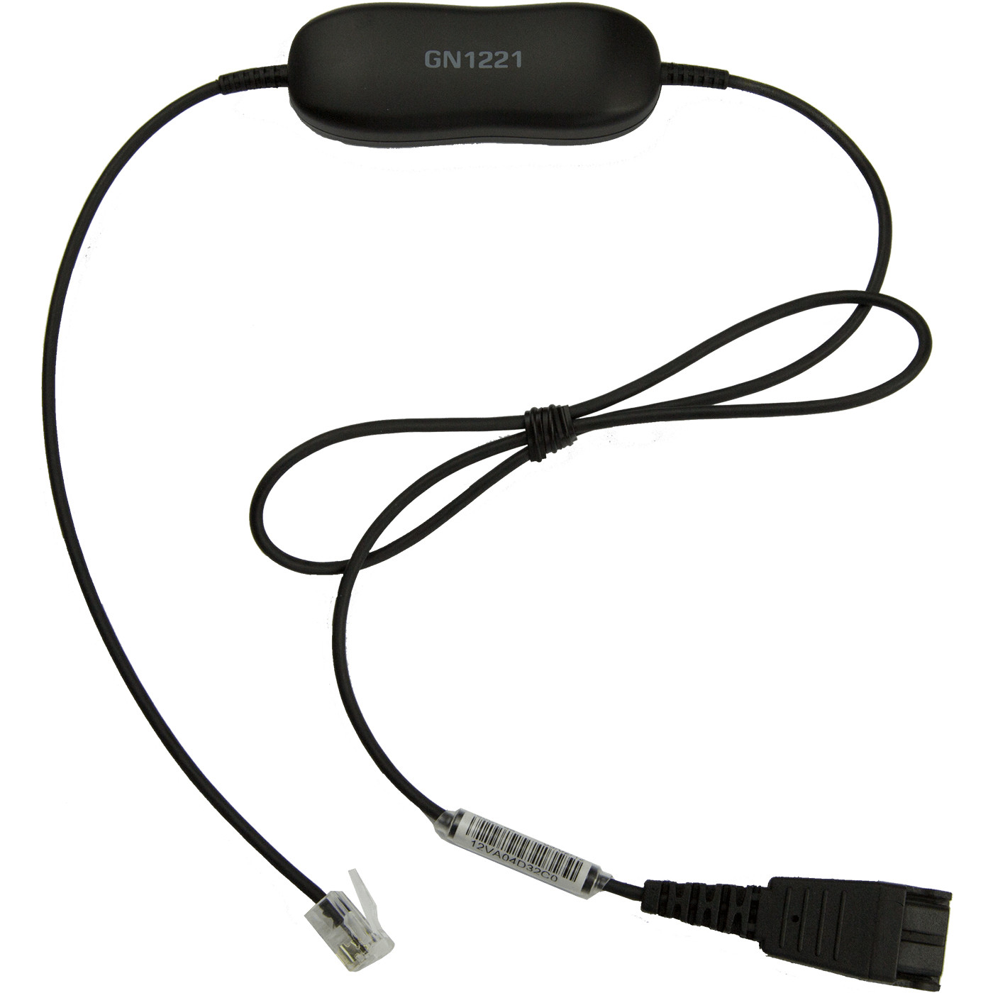 Ein schwarzes GN1221-Gerät mit zwei Kabeln und einem Telefonanschluss und einem Headset-Anschluss auf weißem Hintergrund.
