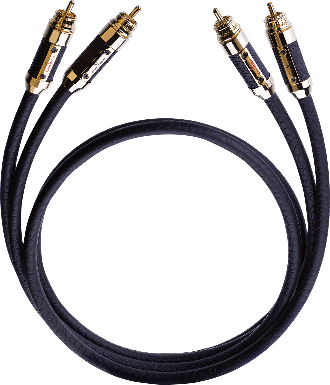 Zwei Audiokabel mit Goldsteckern und schwarzem geflochtenem Kabel, auf schwarzem Hintergrund angeordnet.