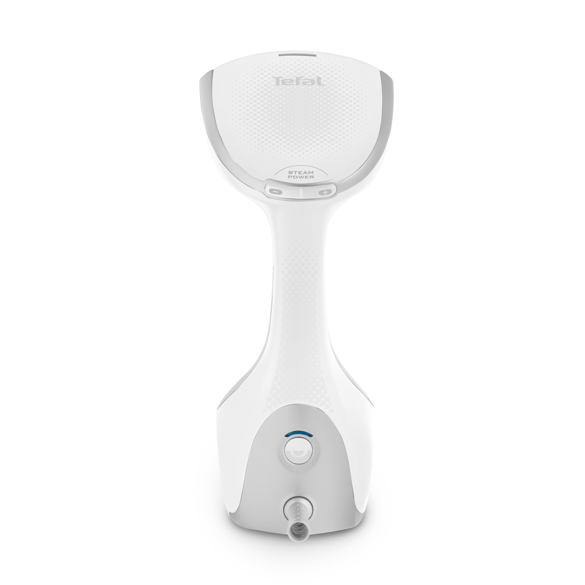 Weißer Tefal-Dampfgarer. Er hat einen weißen Körper mit grauen Akzenten und einem Knopf.