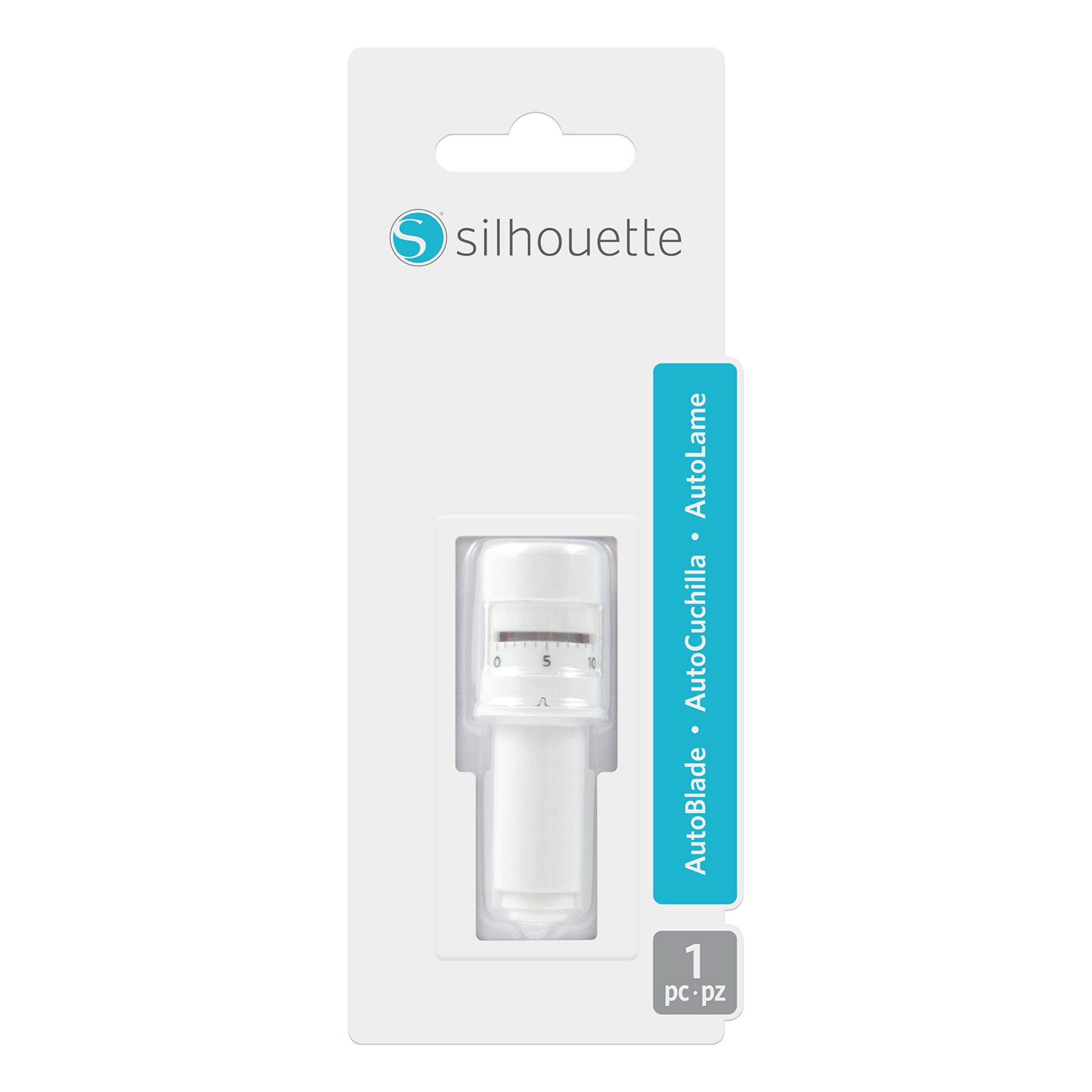 Weiße Silhouette AutoBlade-Verpackung mit Klinge. Die Verpackung hat einen blauen Streifen mit Text.