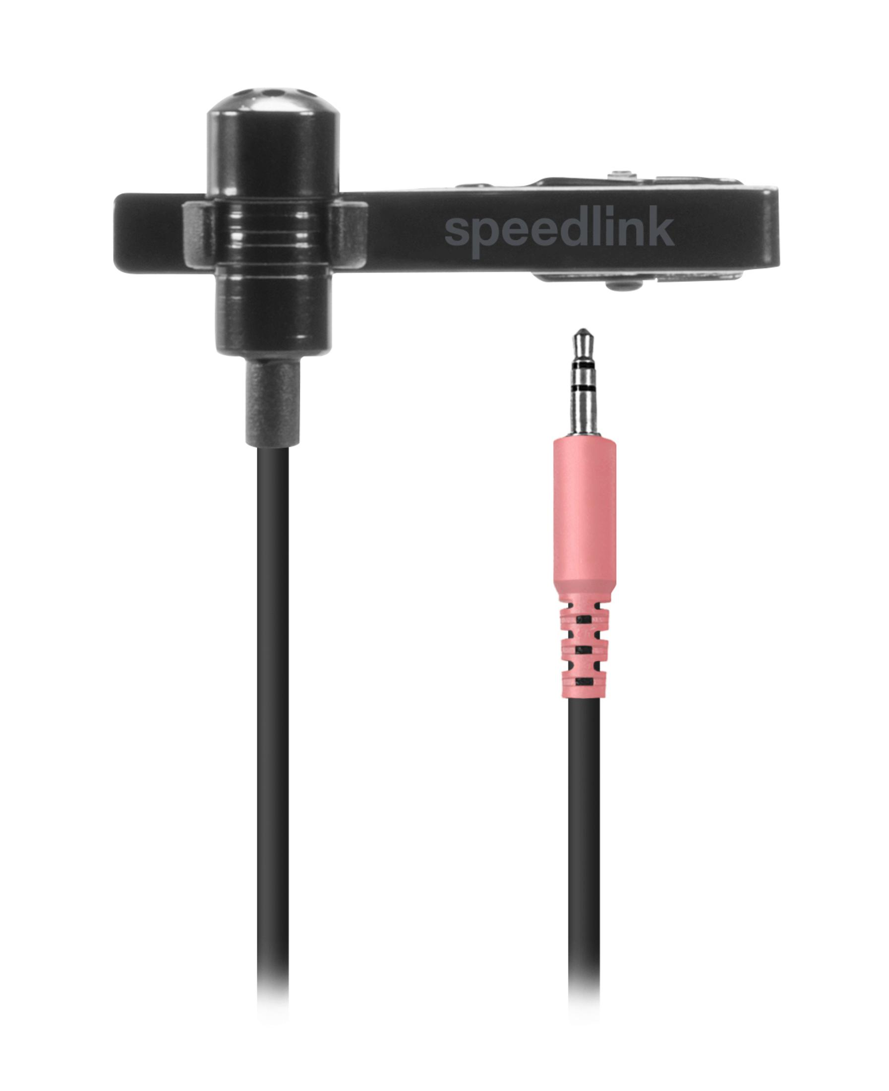 Un microfono Speedlink agganciato a una clip nera e un jack audio con punta rosa.