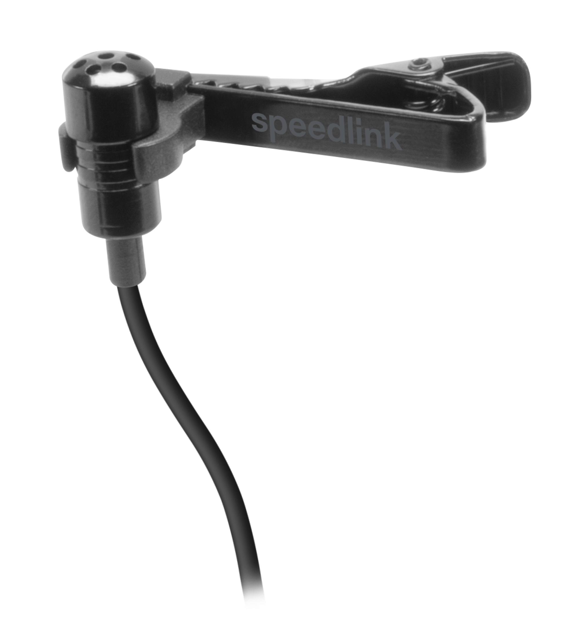 Un microfono Speedlink nero attaccato a una clip, con un cavo nero.