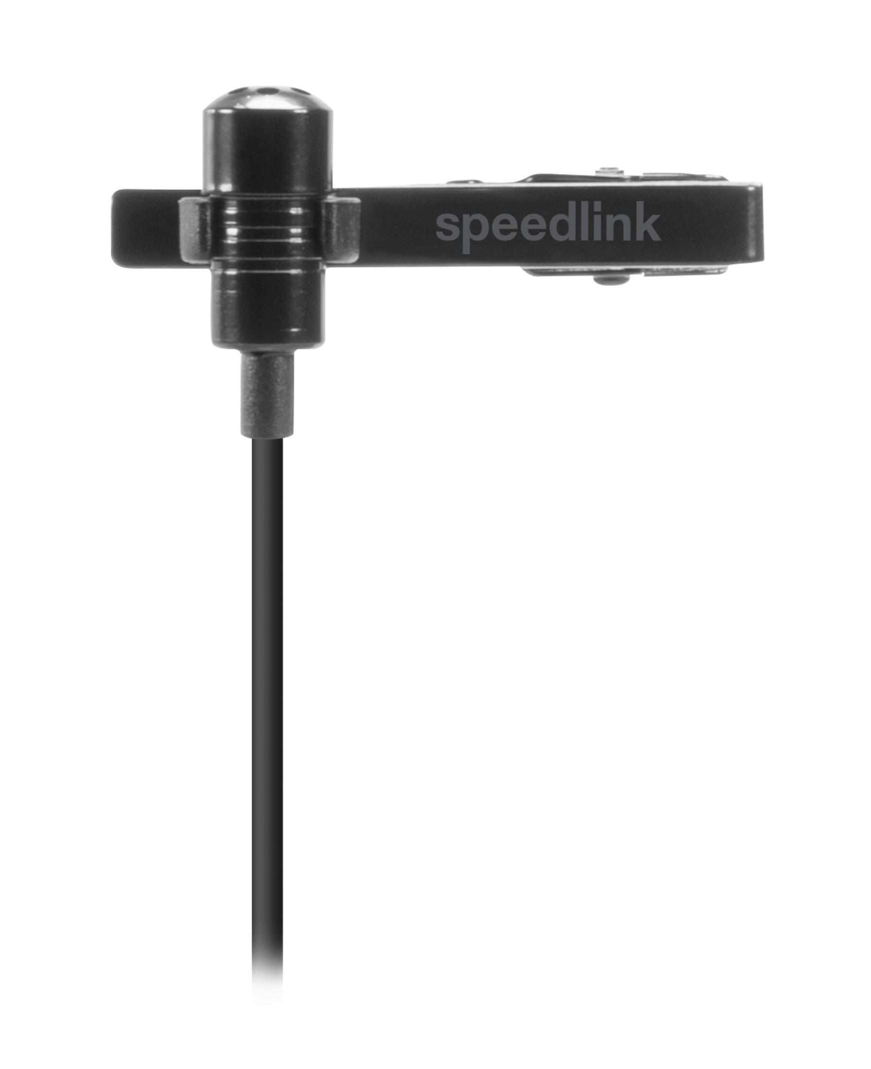 Un microfono Speedlink agganciato a una clip nera, con un cavo nero che si estende verso il basso.