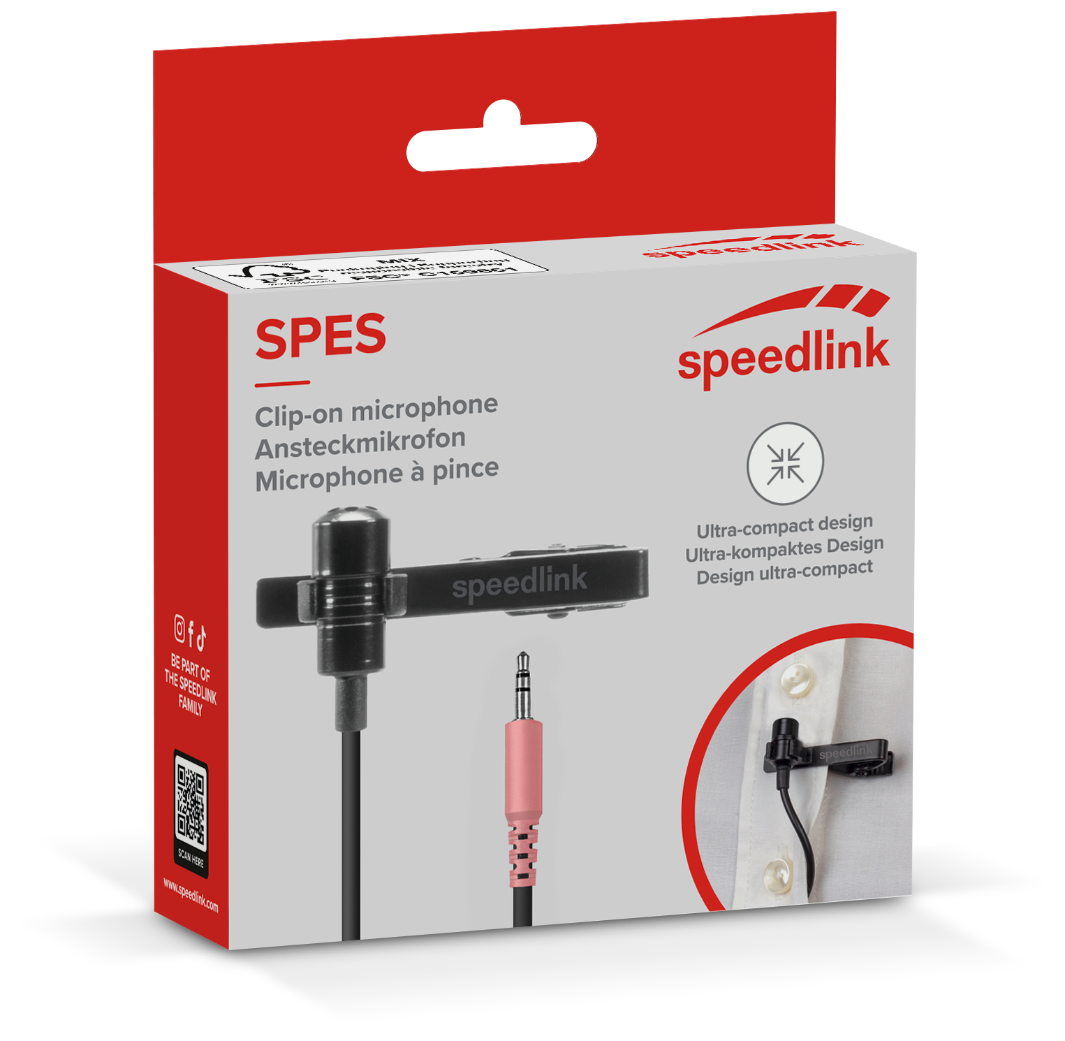 Una scatola di un microfono a clip Speedlink, con il microfono e una camicia.