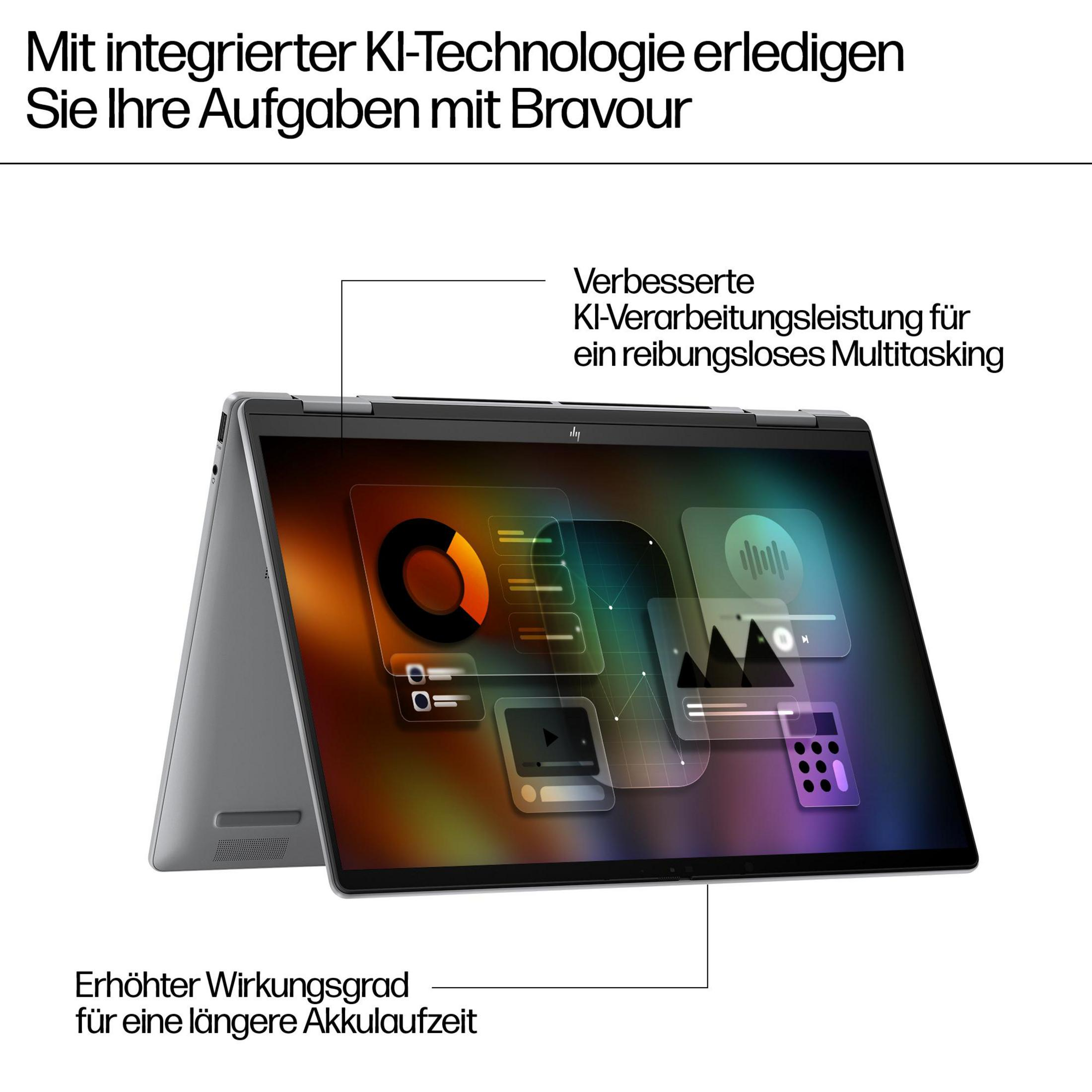 Laptop mit Bildschirm, der Grafiken, Text und Symbole anzeigt. Text auf Deutsch, mit Grafiken und Symbolen.