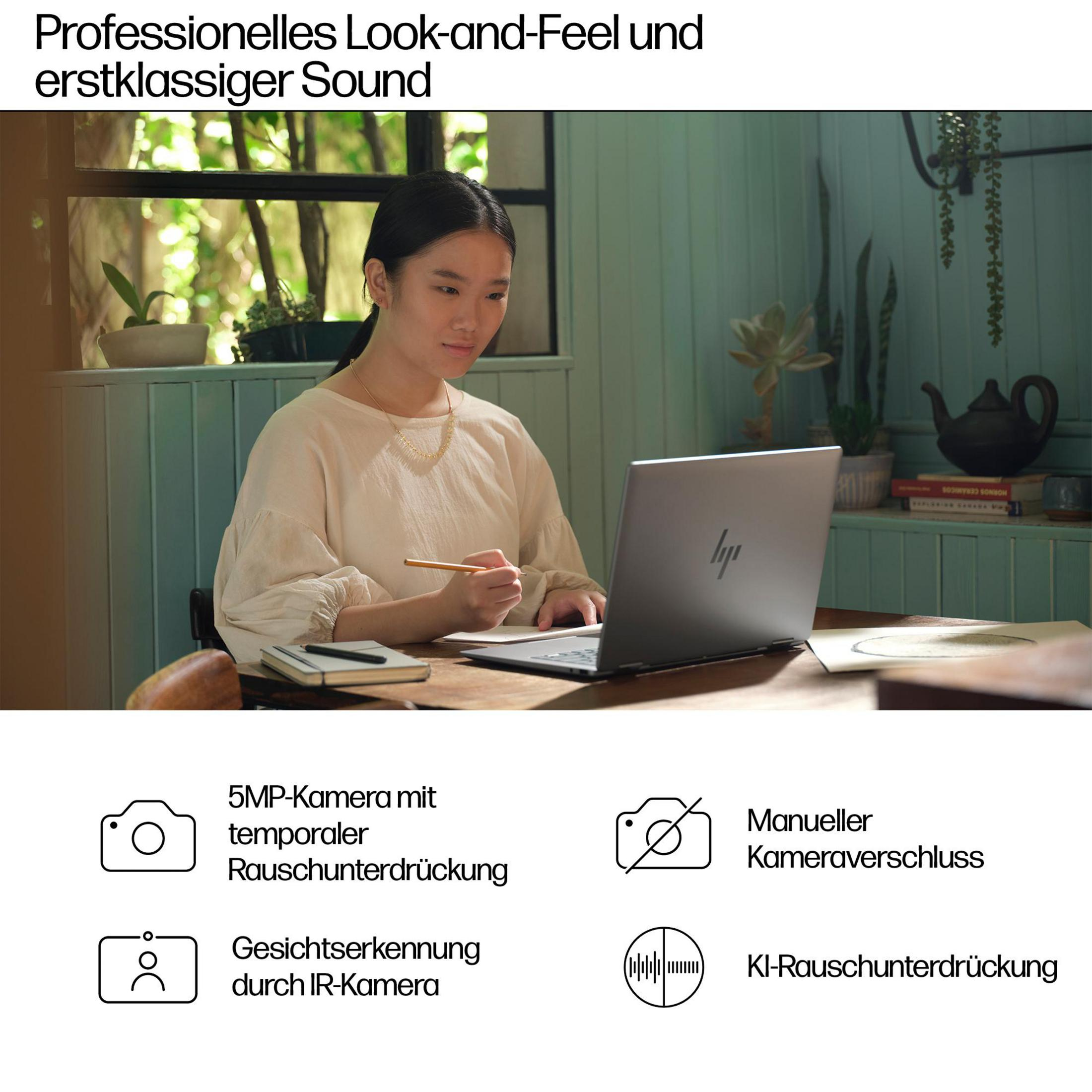 Eine Frau benutzt einen Laptop. Es gibt einige Symbole und Text auf Deutsch.