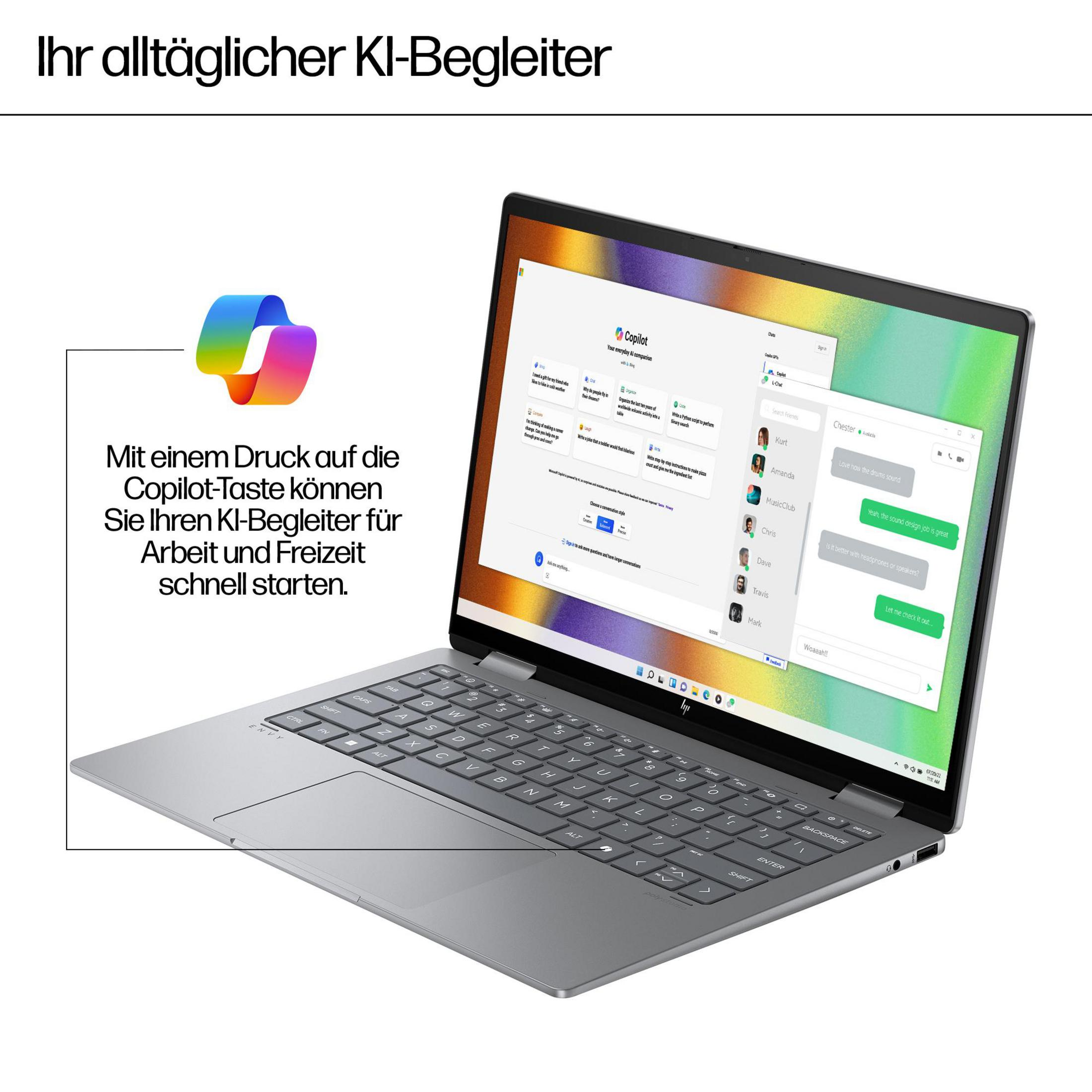 Ein silberner Laptop mit einem Bildschirm, der eine Chat-Oberfläche und ein regenbogenfarbenes Logo zeigt. Text vorhanden.