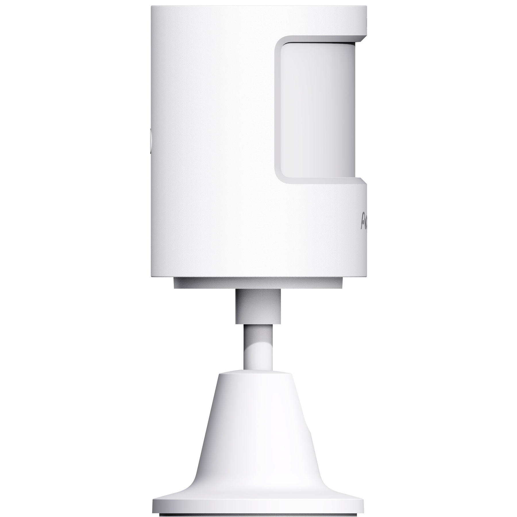 Un sensore di movimento bianco su un supporto bianco, su sfondo bianco.