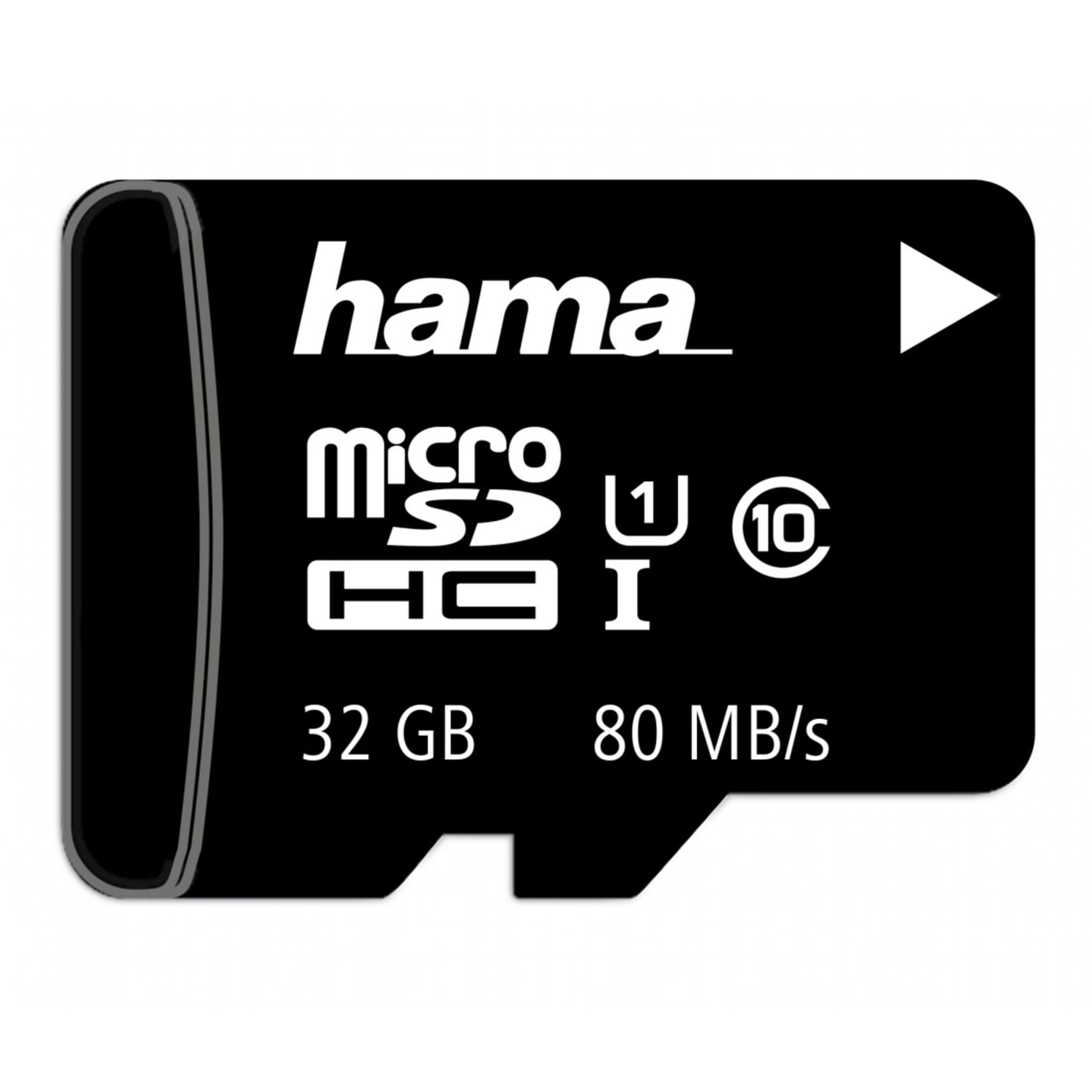 Eine schwarze Hama Micro-SD-Karte mit weißem Text. Die Karte befindet sich auf weißem Hintergrund.