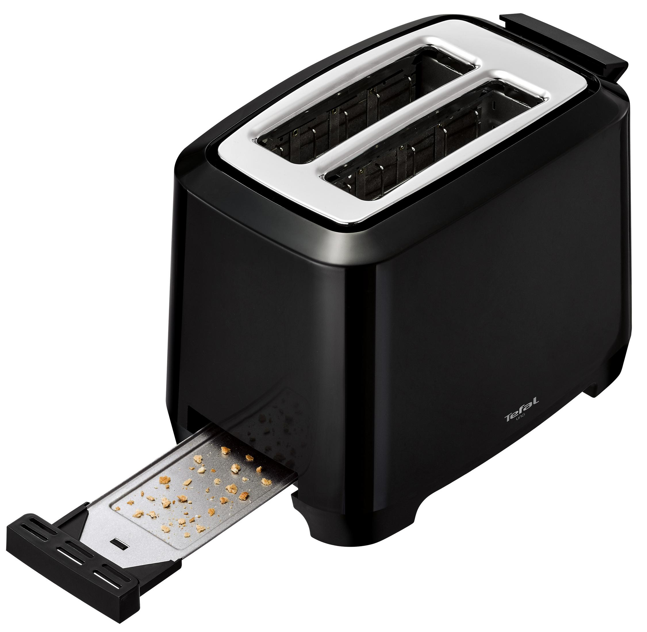 Tostapane Tefal nero con interno argentato. Il vassoio è fuori con le briciole. Sfondo bianco.