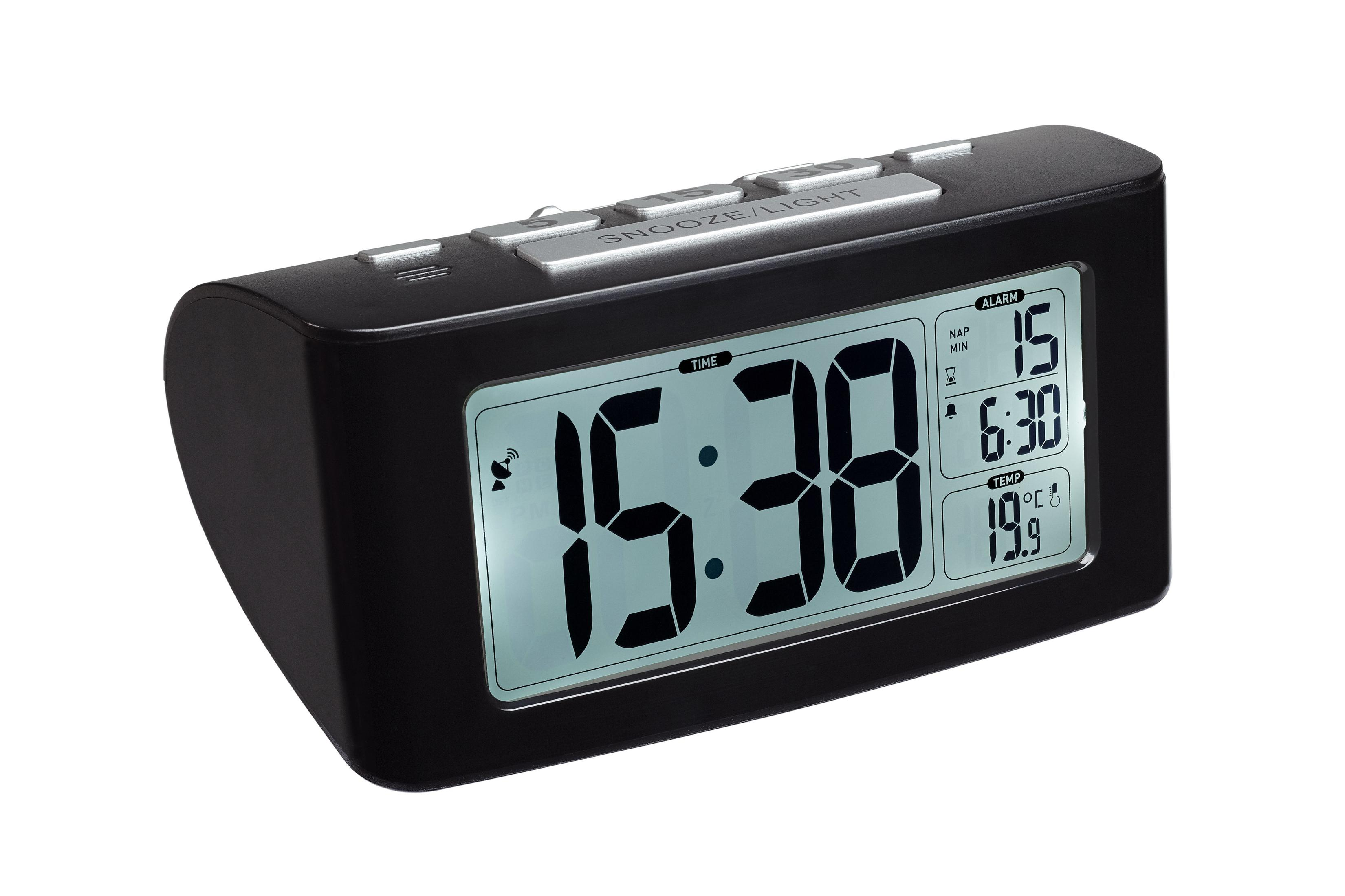 Schwarzer digitaler Wecker zeigt 15:38 und Weckzeit an. Hat Schlummer-/Licht-Tasten.