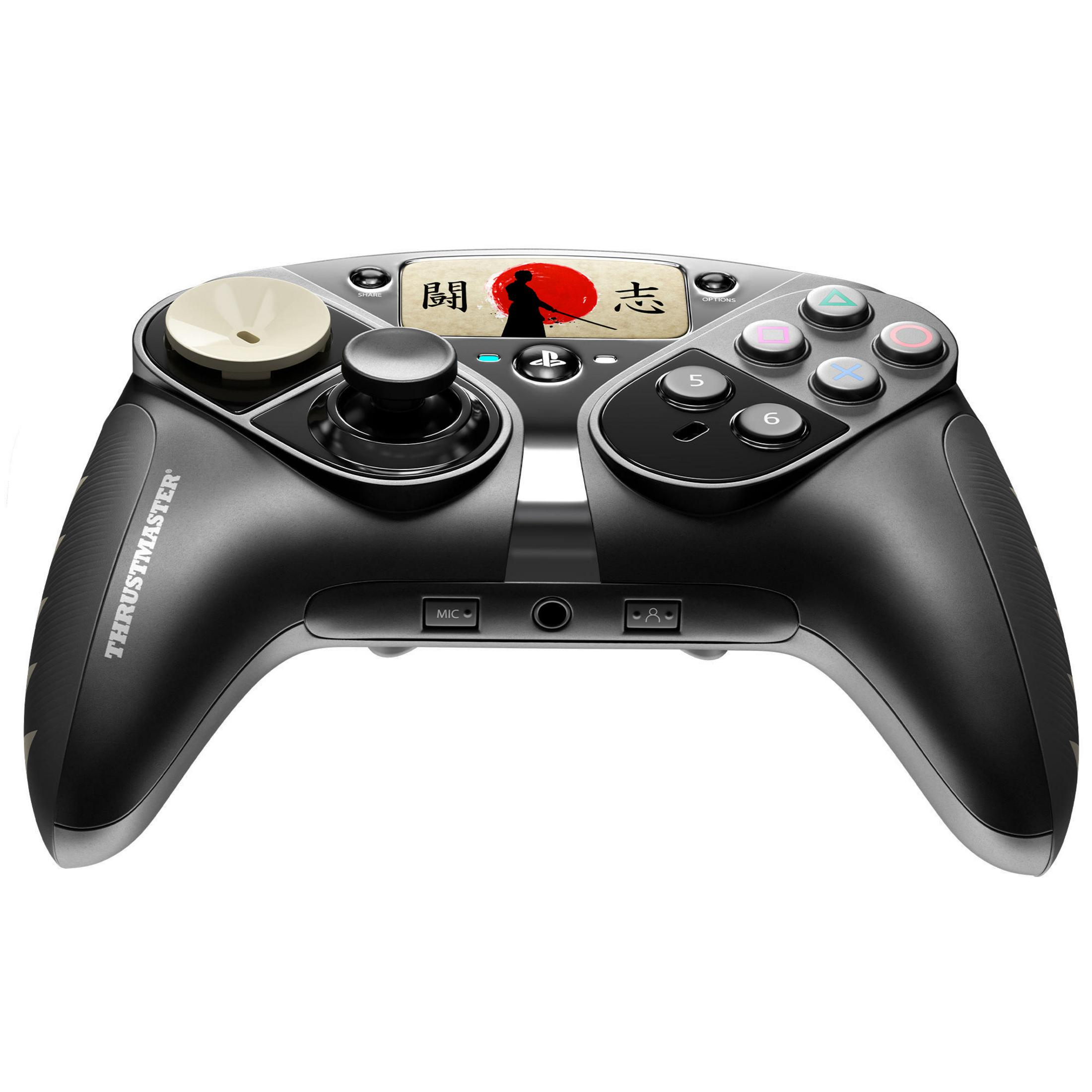 Gamepad Thrustmaster nero con pulsanti. Sfondo bianco. Arte giapponese.