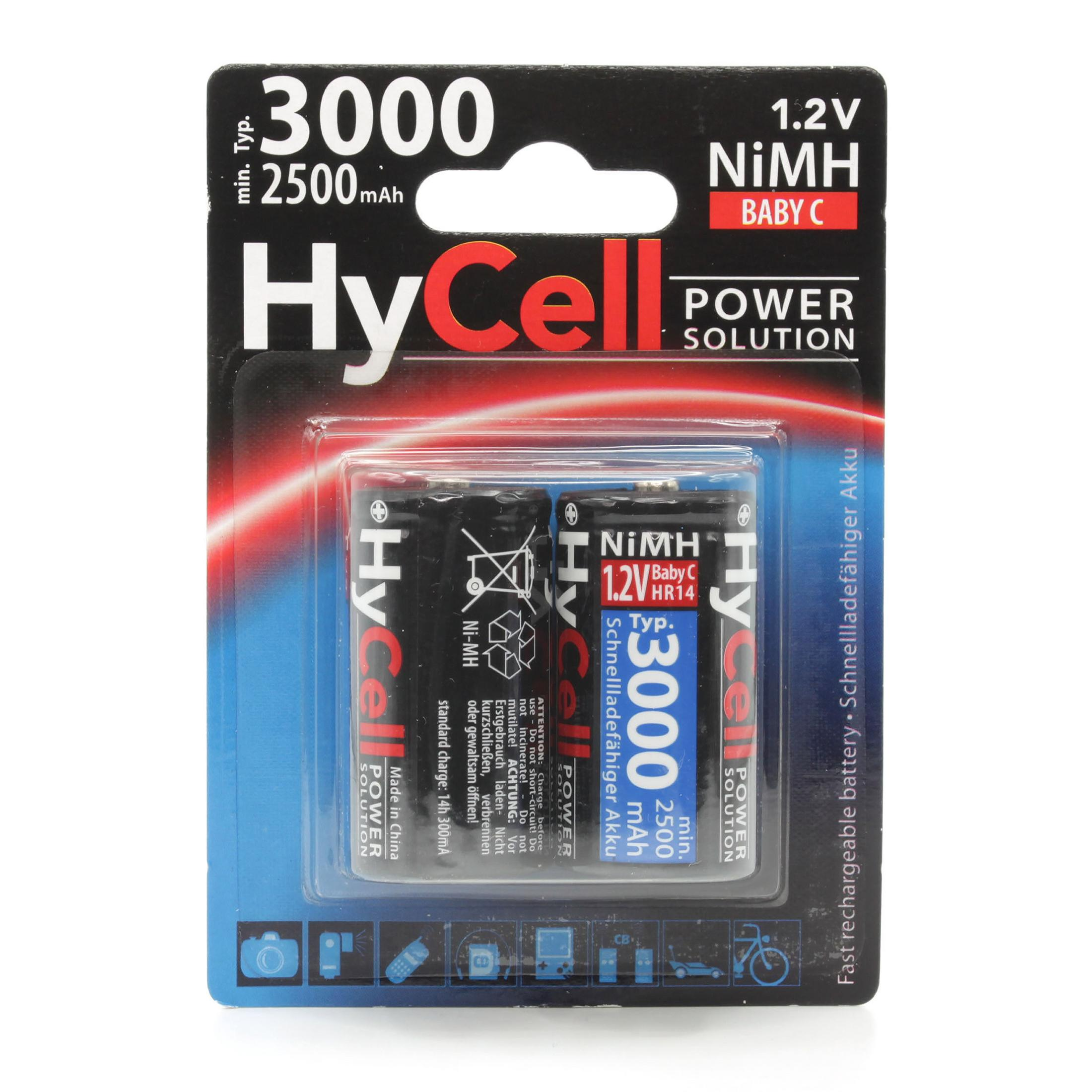 Zwei AA-Batterien in einer Verpackung. Blaue und weiße Verpackung. Marke HyCell.