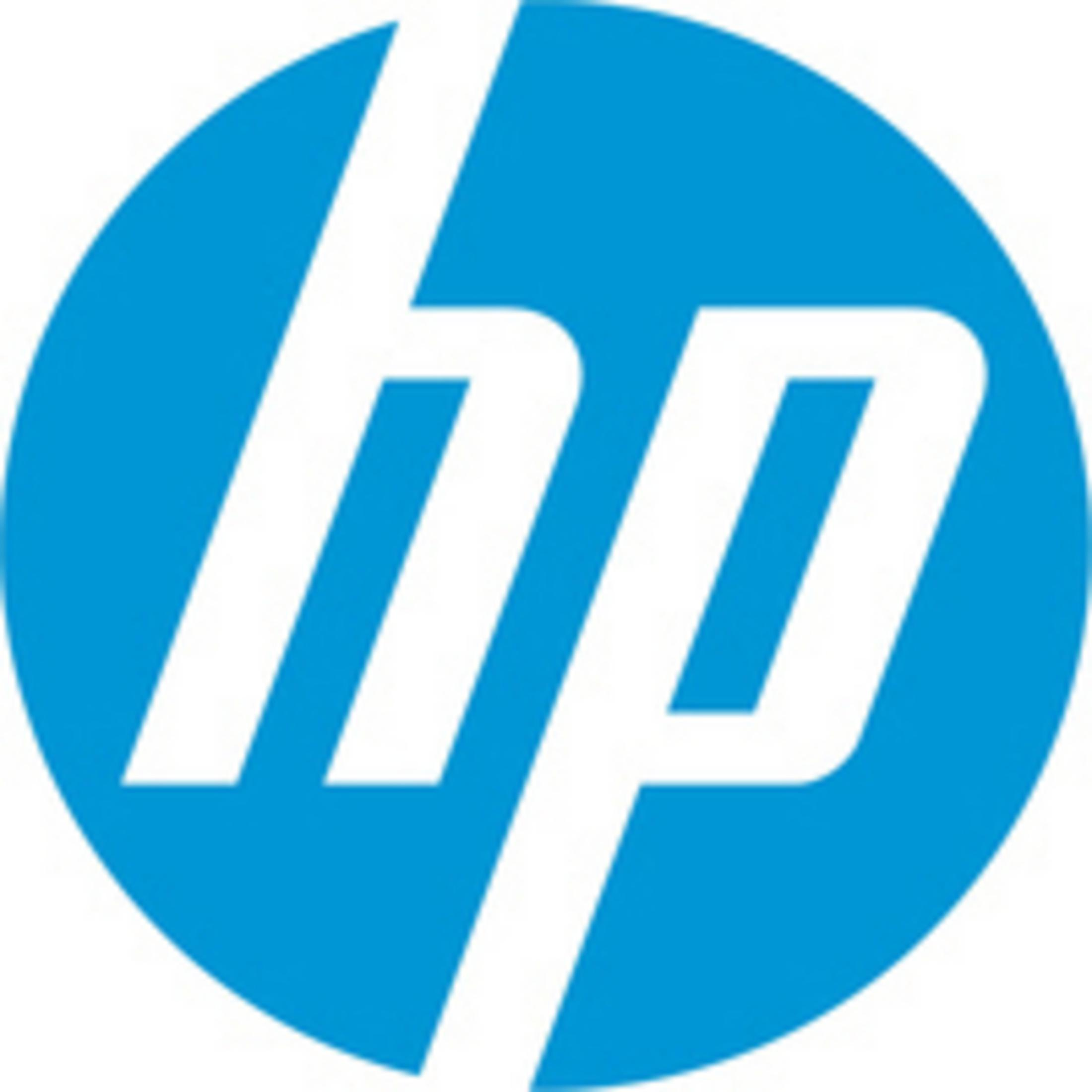 Il logo HP è bianco e composto dalle lettere 'hp' all'interno di un cerchio blu.
