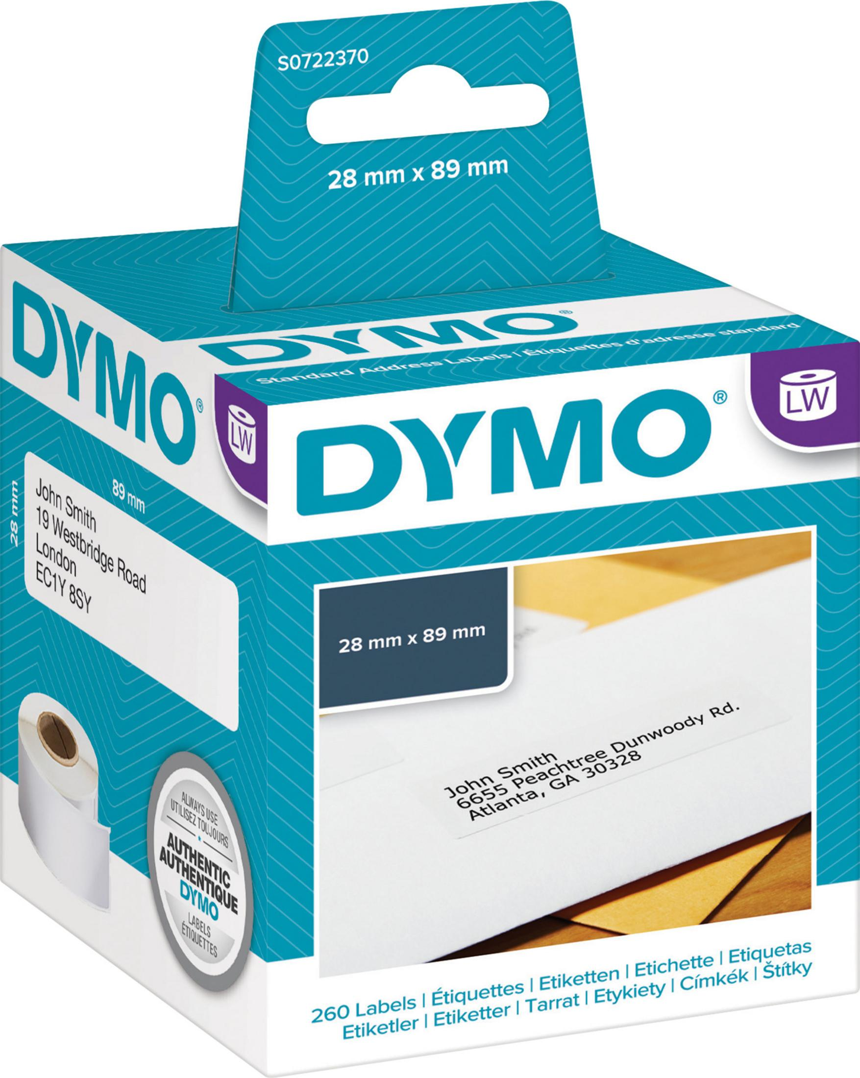 Eine Dymo-Etikettenbox mit Etiketten und einer Rolle Etiketten, die Adressdetails zeigt.