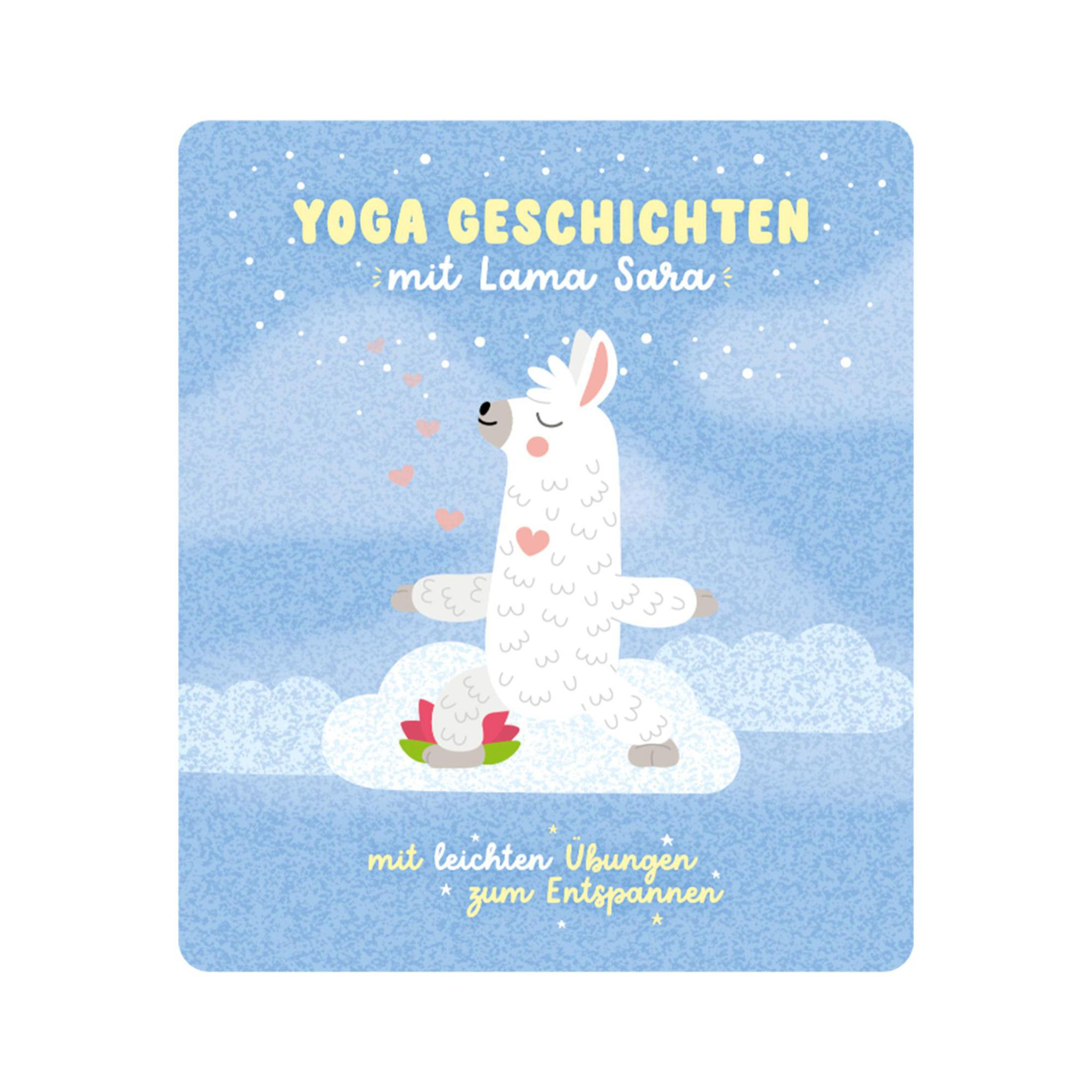 Eine Yoga-Geschichten-Karte mit einem weißen Lama auf einer Wolke. Blauer Hintergrund mit gelbem Text.