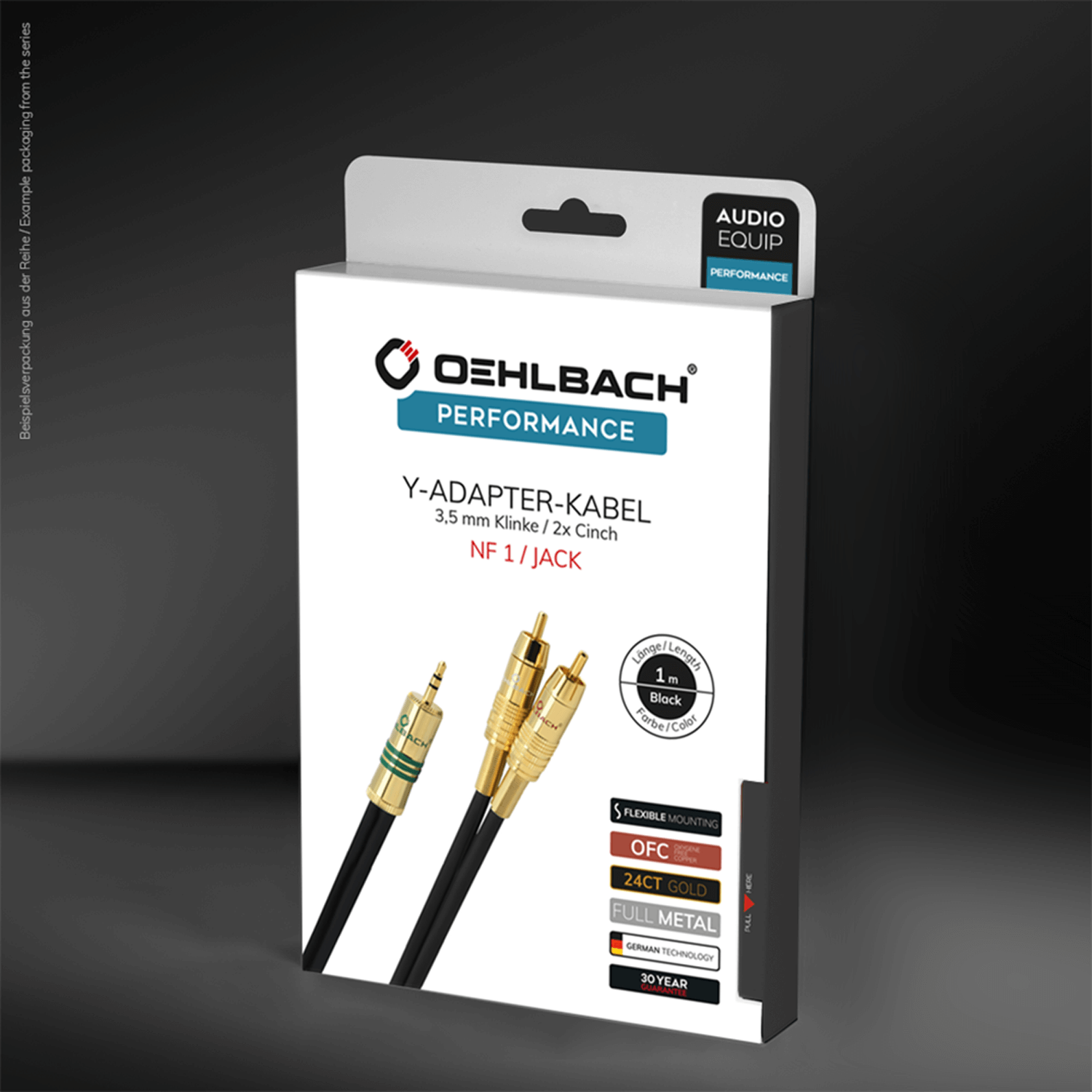 Weiße Box mit schwarzen Kabelgrafiken. Text: 'Y-ADAPTER-KABEL' und 'OEHLBACH PERFORMANCE'.