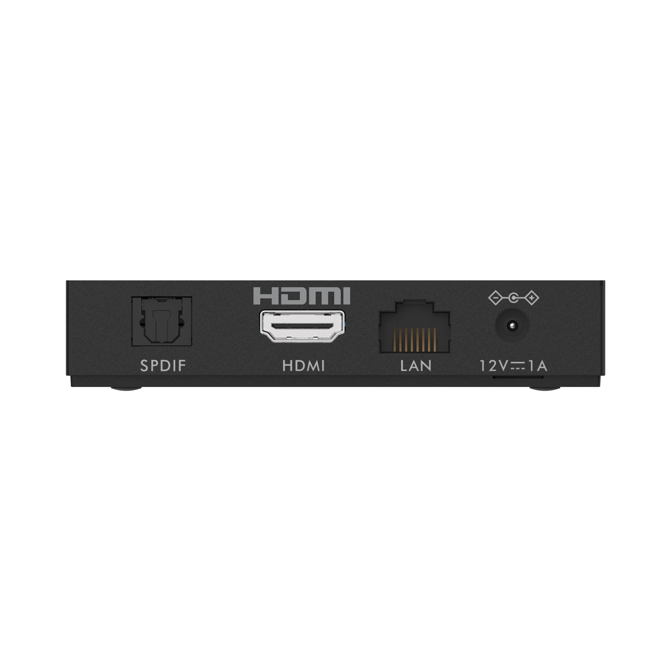 Panel trasero de dispositivo negro con puertos SPDIF, HDMI, LAN y alimentación. Fondo blanco.
