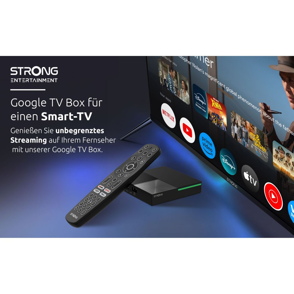 Caja de Google TV y control remoto junto a un televisor que muestra aplicaciones de streaming y una escena de película.