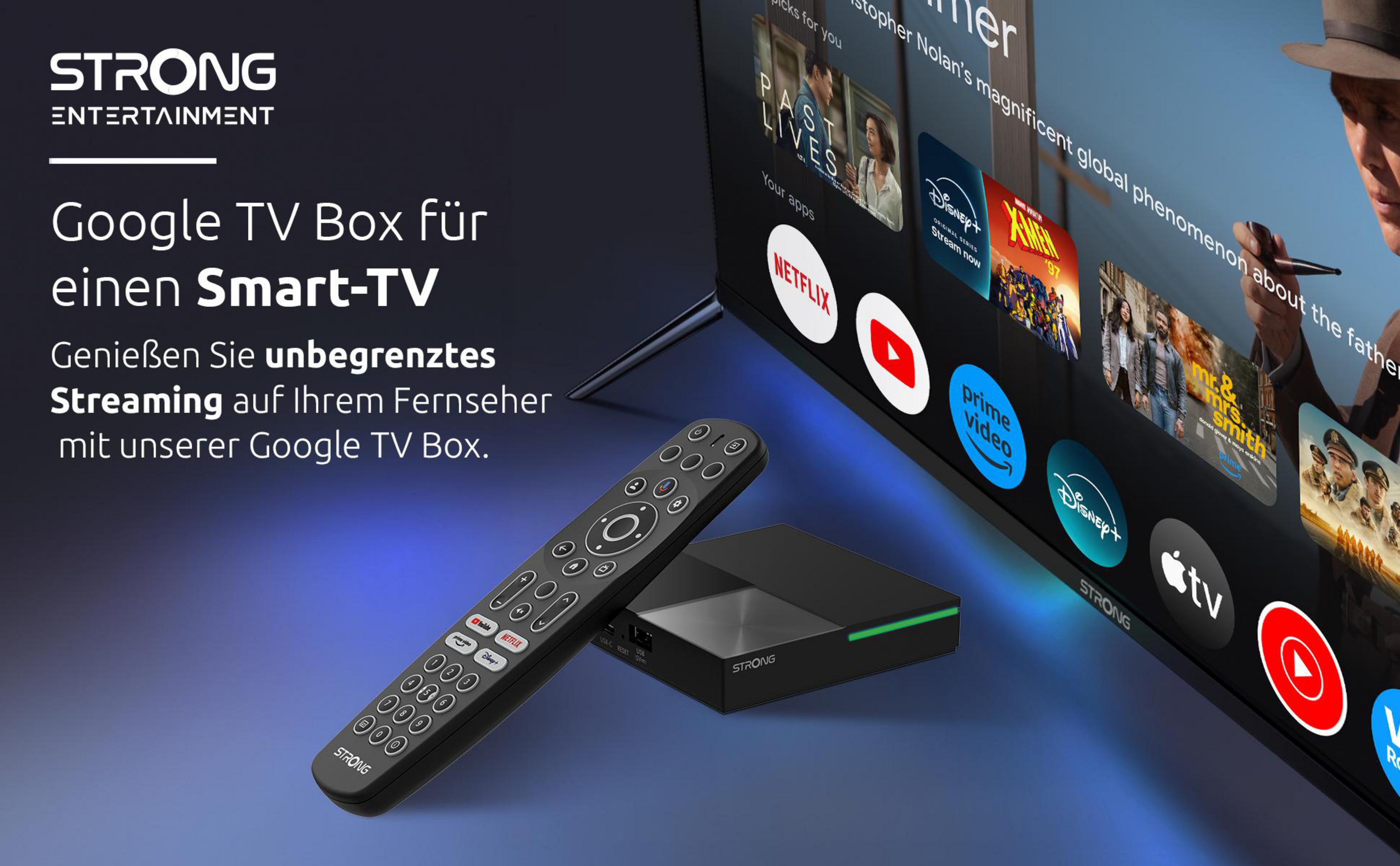 Caja de Google TV y control remoto junto a un televisor que muestra aplicaciones de streaming y una escena de película.