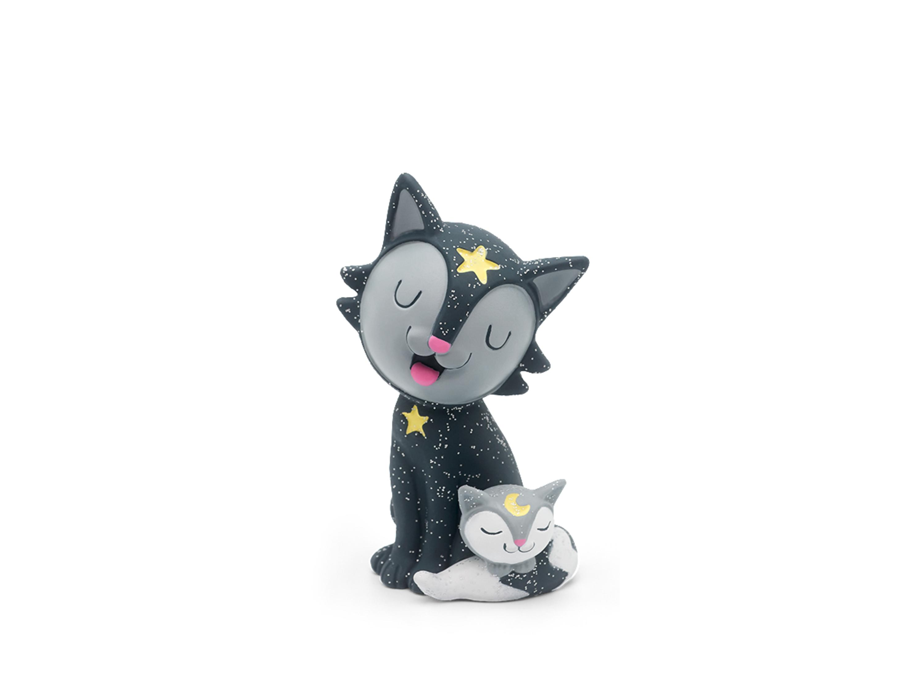 Zwei schwarze Katzenfiguren mit geschlossenen Augen und Sternen. Eine sitzt, die andere liegt.