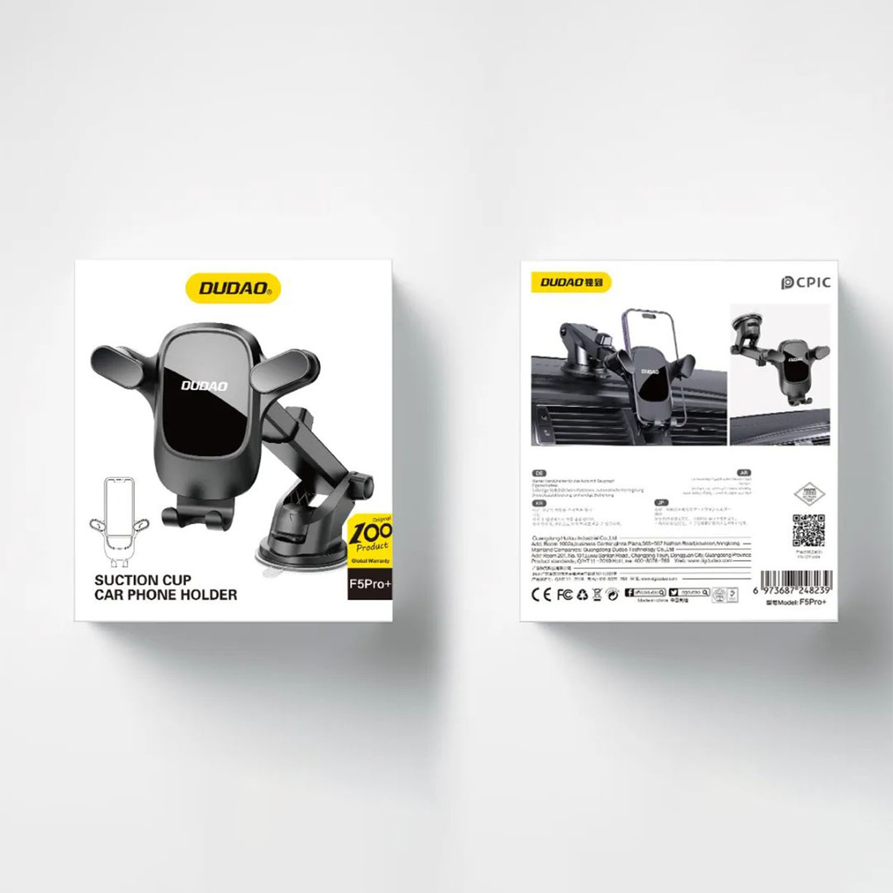 Dwa pudełka uchwytu na telefon samochodowy marki DUDAO, z uchwytem z przodu i z tyłu.