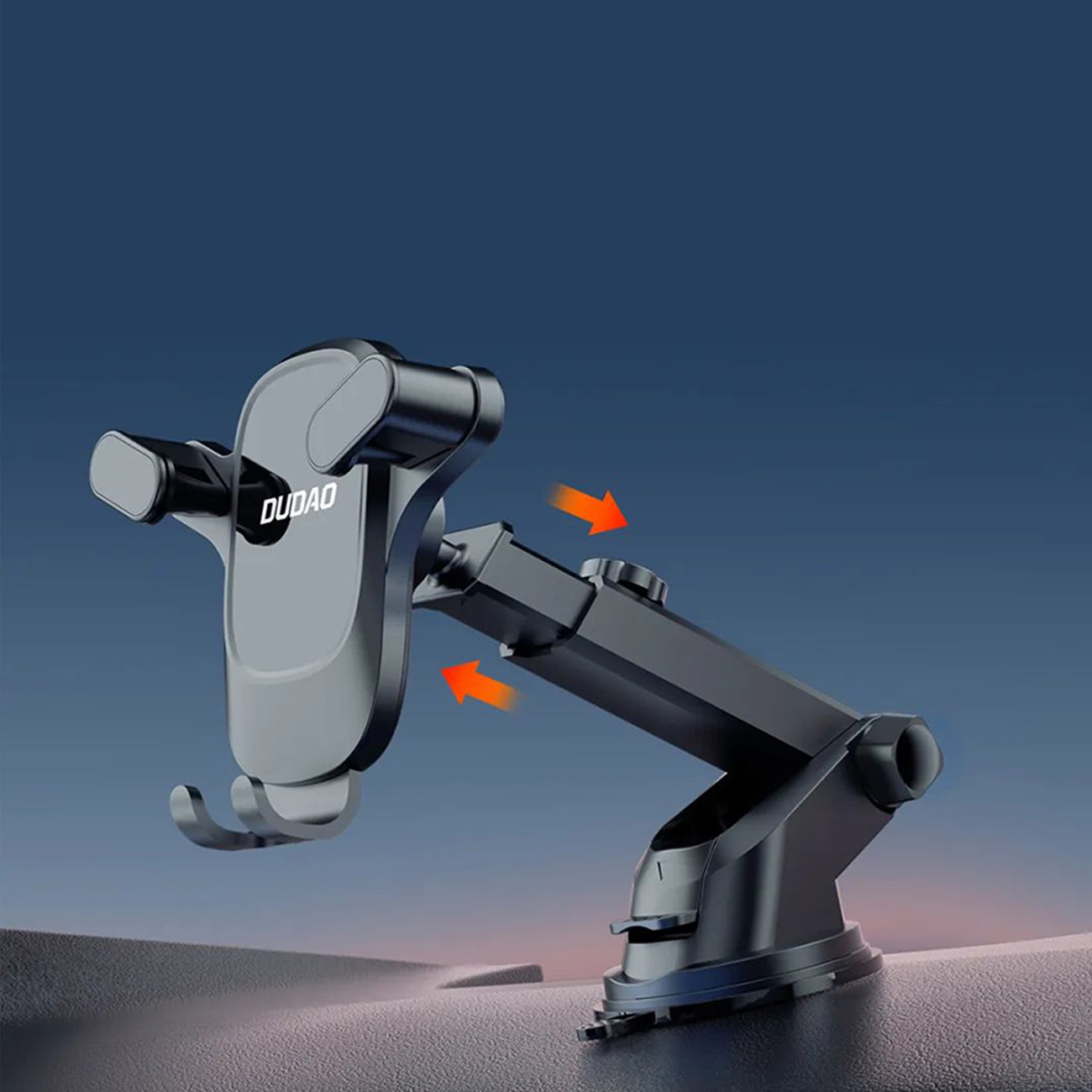 Uchwyt na telefon samochodowy ze strzałkami pokazującymi kierunki regulacji, zamontowany na desce rozdzielczej.