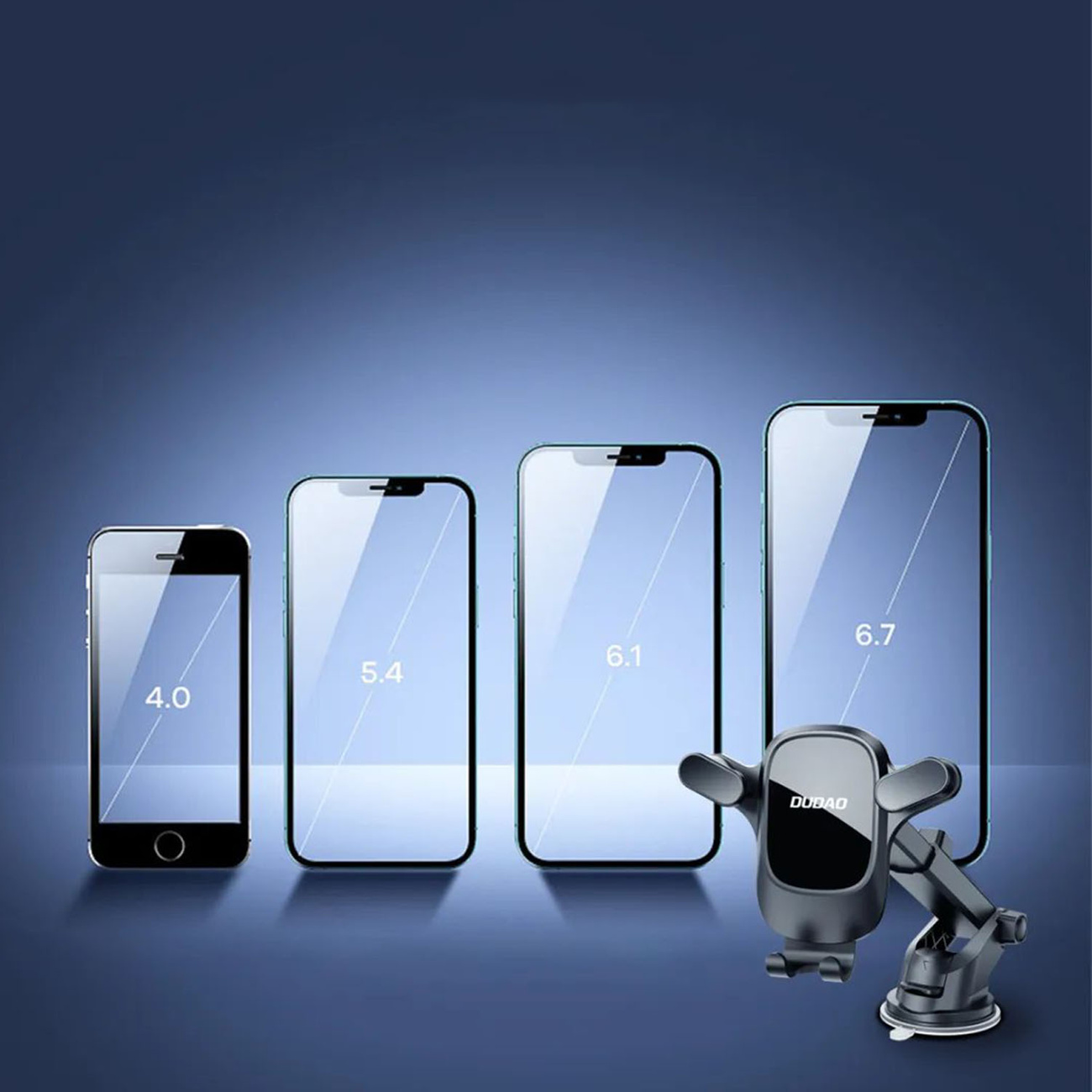 Uchwyt na telefon samochodowy obok telefonów o różnych rozmiarach, oznaczonych 4.0, 5.4, 6.1 i 6.7 cala.
