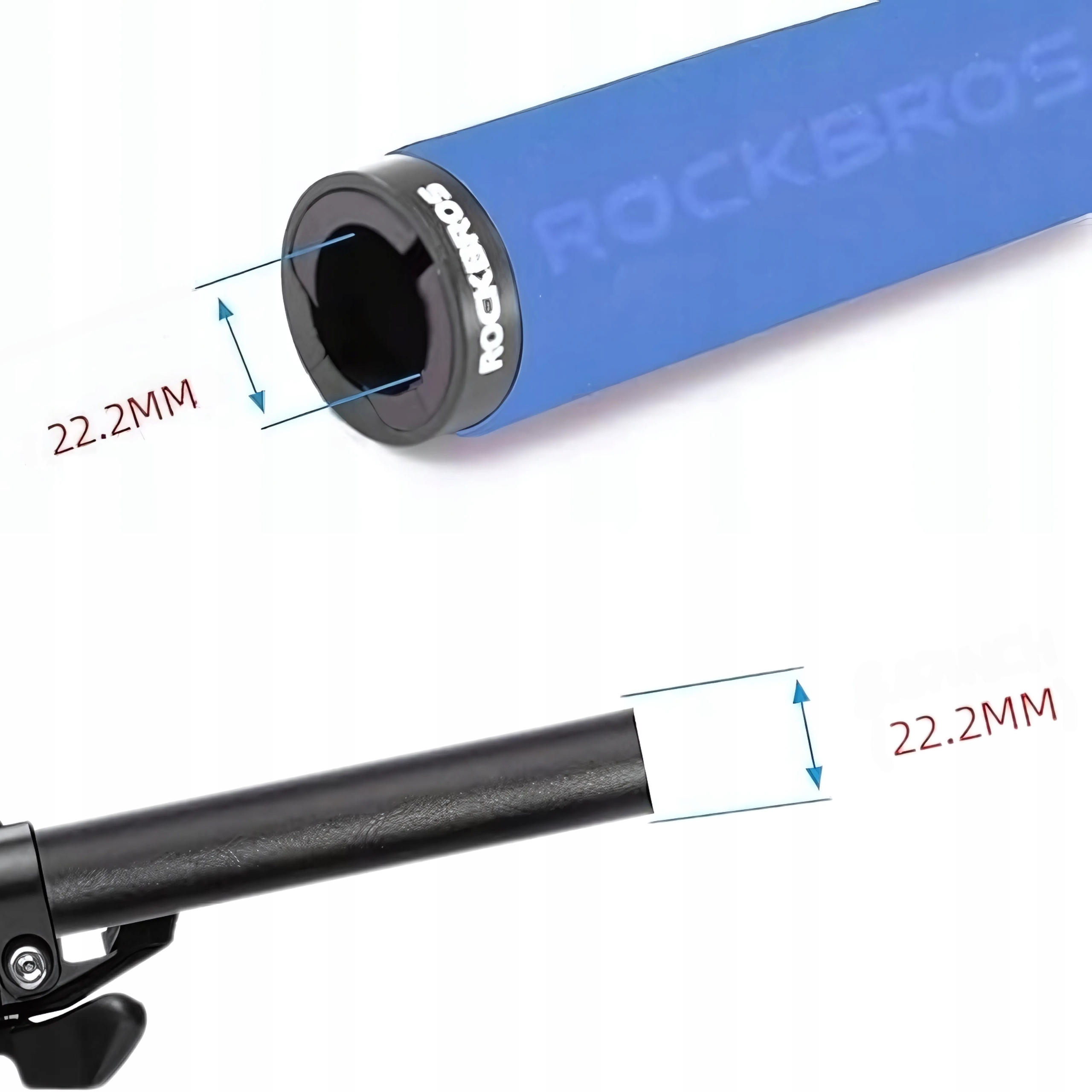 Zbliżenie uchwytu kierownicy roweru, niebieskiego z logo Rockbros, pokazujące wymiary 22,2 mm.