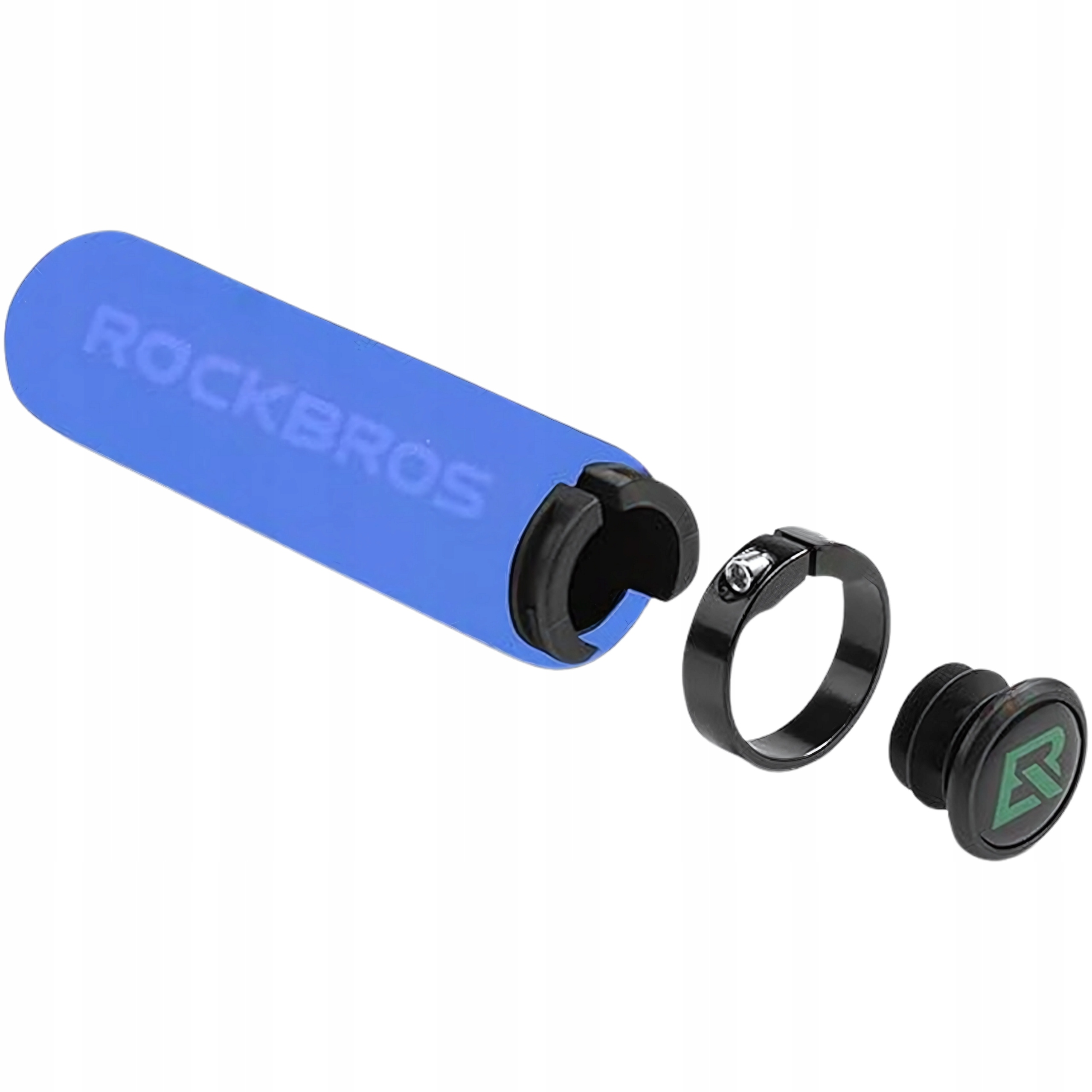 Uchwyt kierownicy roweru, niebieski z logo Rockbros, oraz akcesoria: czarny pierścień i zaślepka.