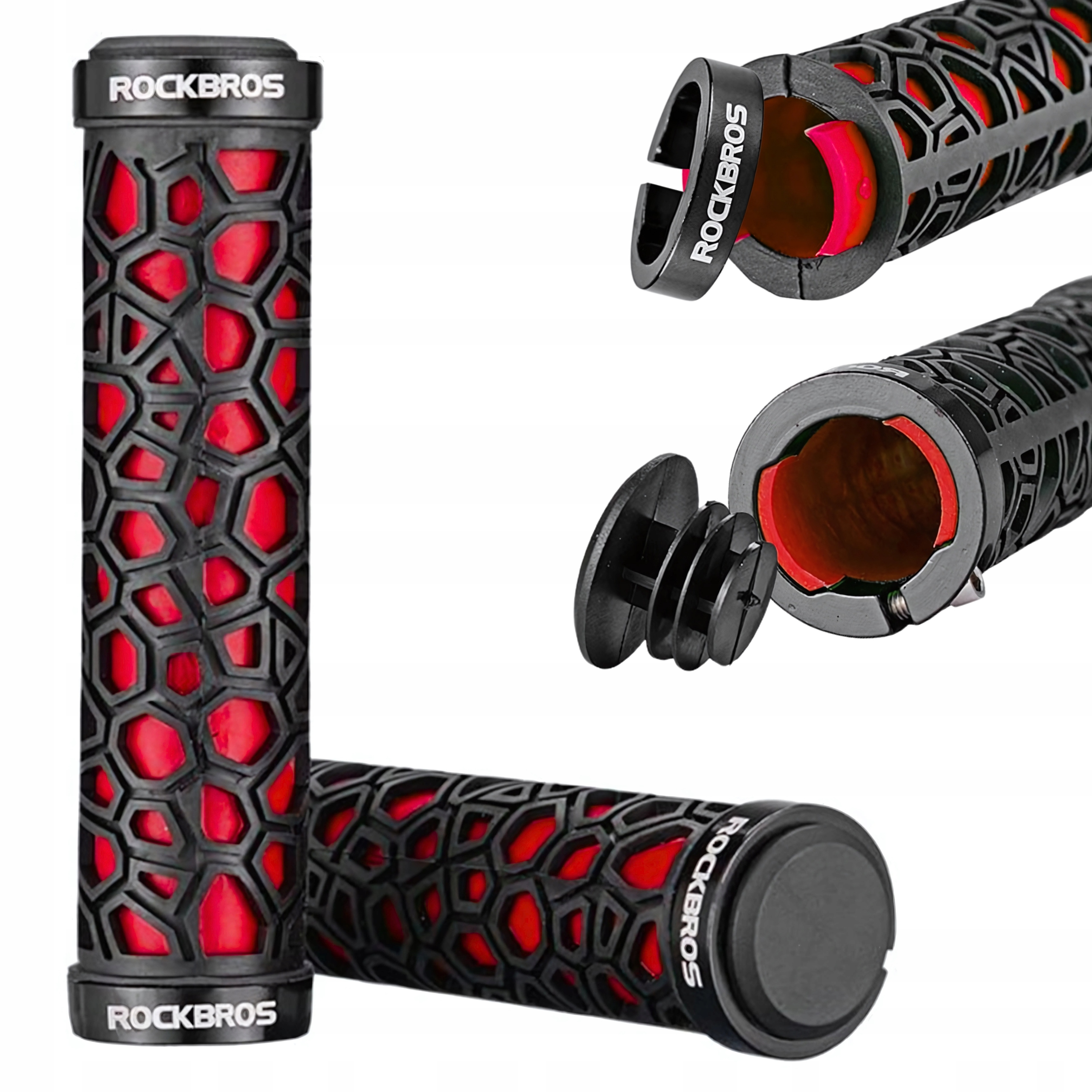 Zbliżenie uchwytów kierownicy rowerowej z czerwonym wzorem plastra miodu i logo Rockbros, z nasadkami.