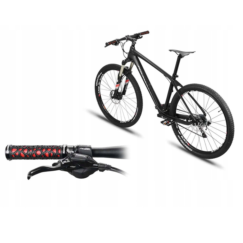 Rower górski oraz zbliżenie jego kierownicy z czerwonymi i czarnymi uchwytami i komponentami Rockbros.