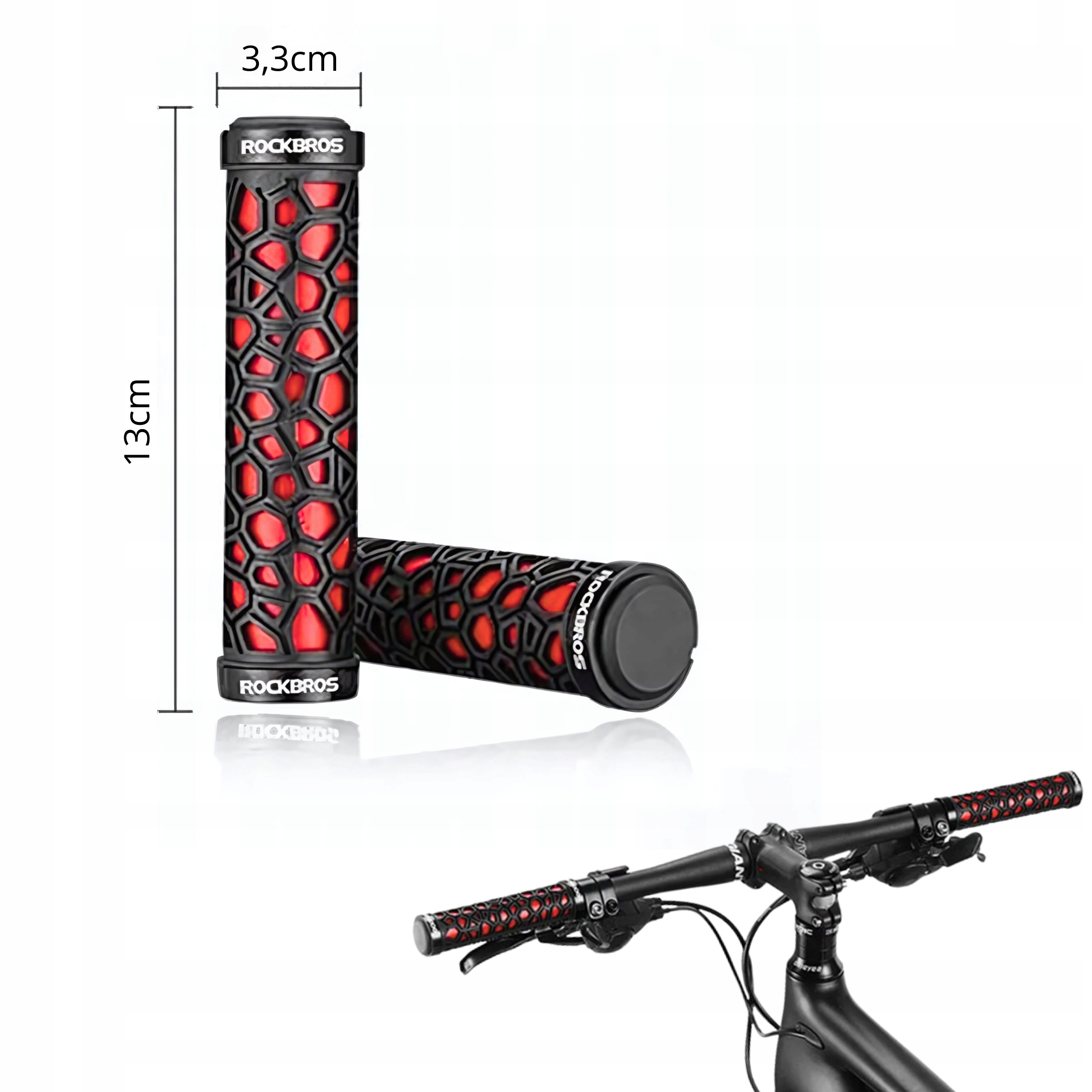 Uchwyty kierownicy rowerowej z czerwonym wzorem plastra miodu i logo Rockbros, z wymiarami i kierownicą.