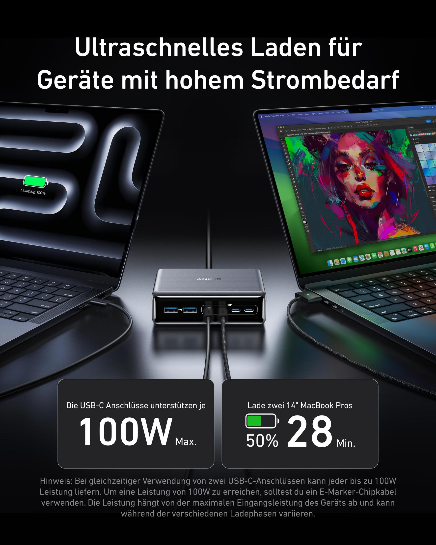 Reklama pokazująca laptopy ładujące się ze stacją ładowania Anker, z tekstem i grafiką.